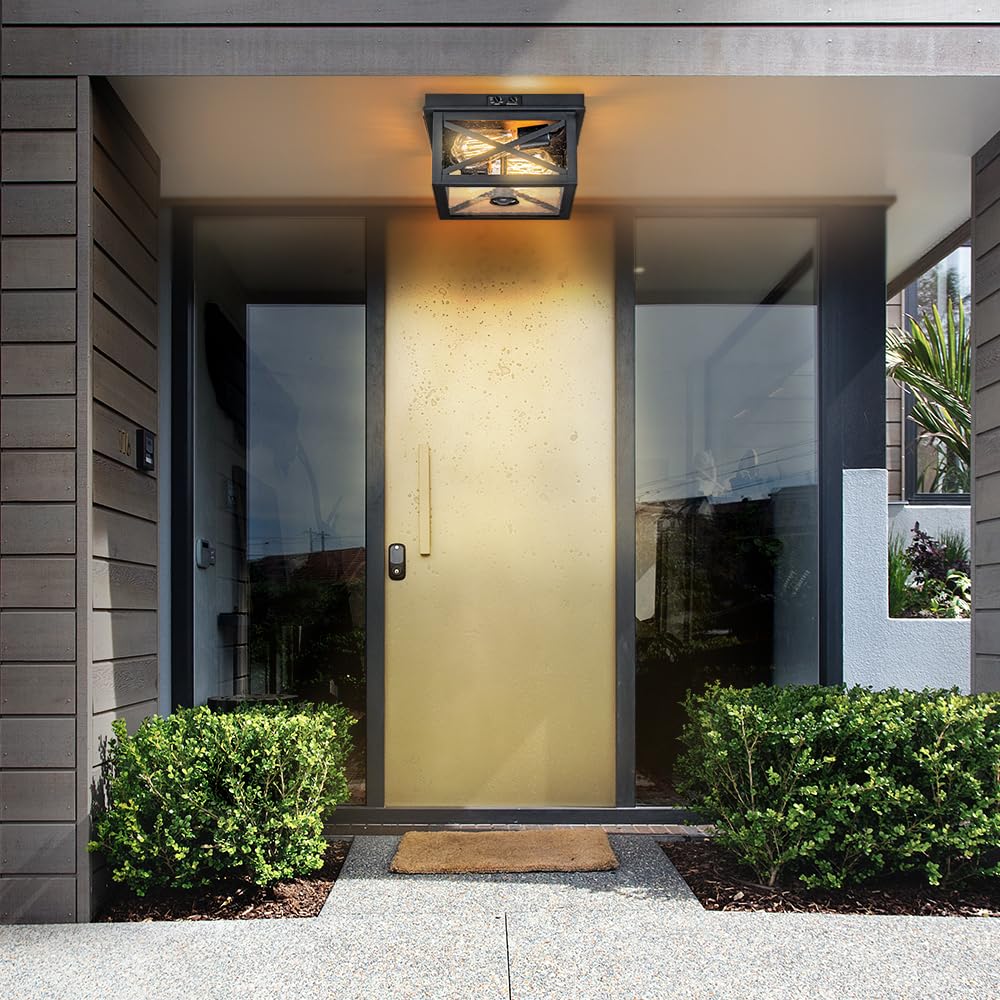 Oupavocs Outdoor Ceiling Light With Motion Sensor, Black 2-Light Flush Mount For Porch & Patio