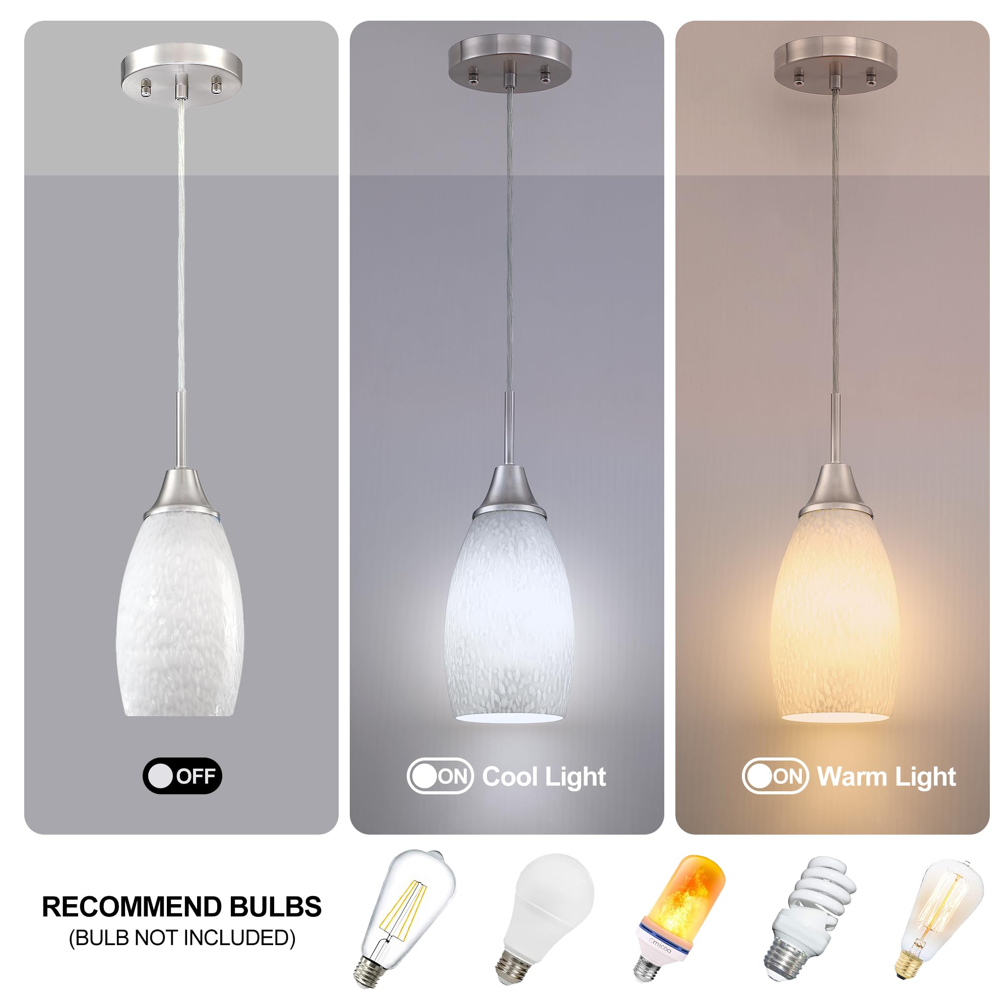 Viinew Mini Glass Pendant Lights 3-Pack With Handblown Milk Creamy Art Glass Pendant Lamp Shade 4.72'' With Adjustable Cord Hang