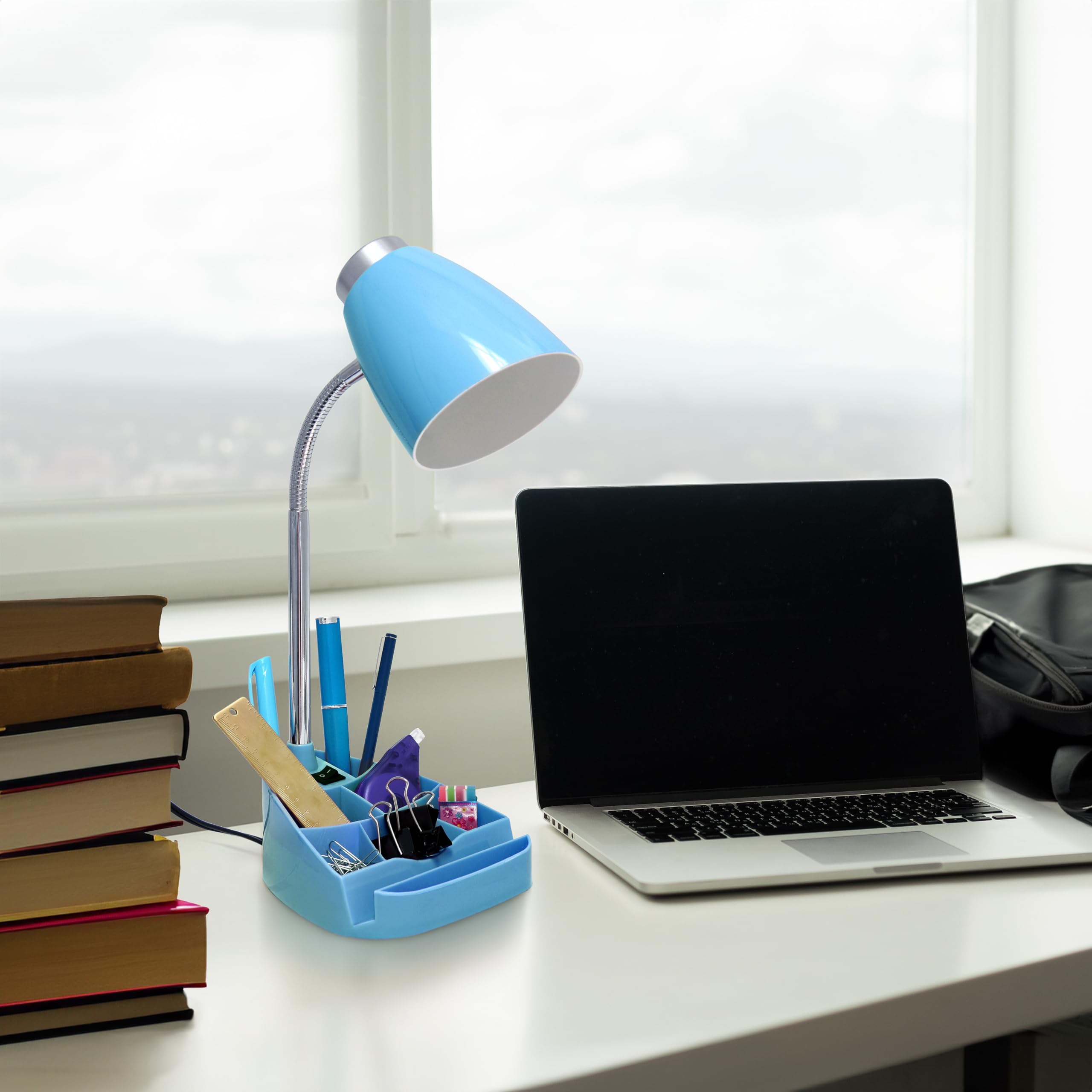 Simple Designs Ld1067-Blu Compartmental Desk Lamp With Iphone/Ipad/Tablet Stand, Bendable Gooseneck, For Office, Living Room, Ni
