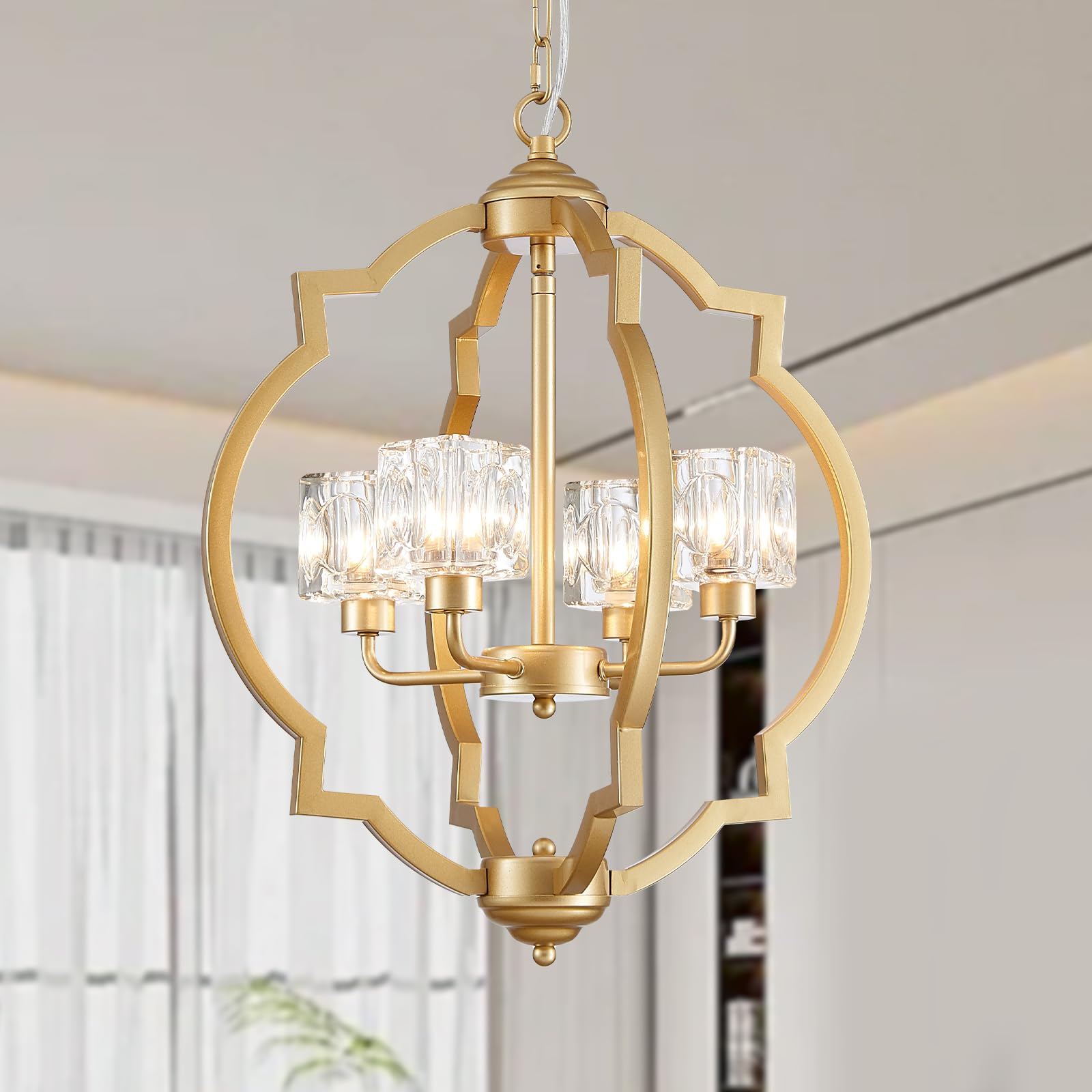 Majhoiw Modern Chandelier 17.7'' Gold Light Fixtures, 4-Light Chandeliers For Dining Room Over Table Rustic Farmhouse Pendant Li