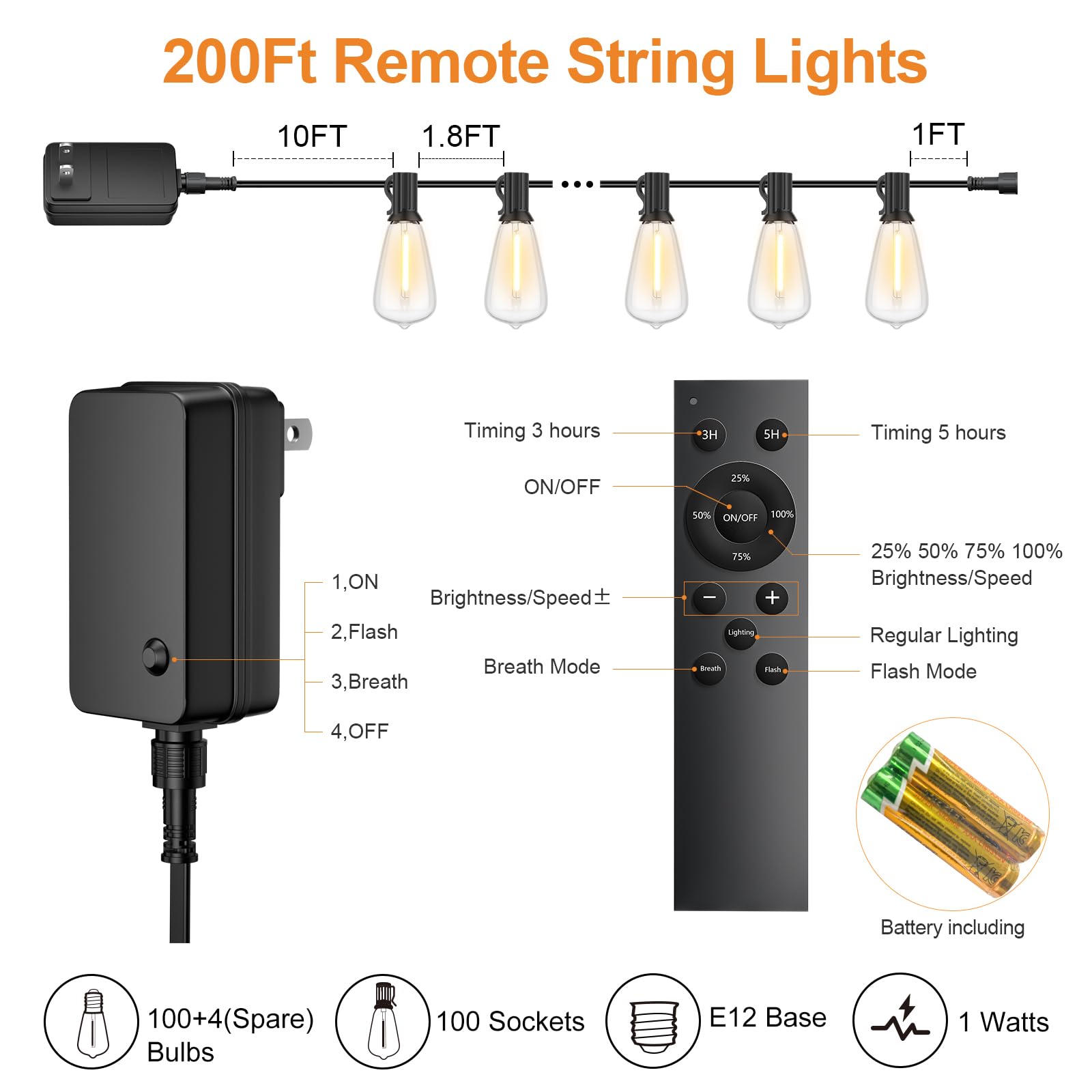 Lapitio 200Ft Outdoor String Lights With Remote, Garden Patio Decor With 2500K Warm White, 100+4 Led Edison Bulbs, Support Timer