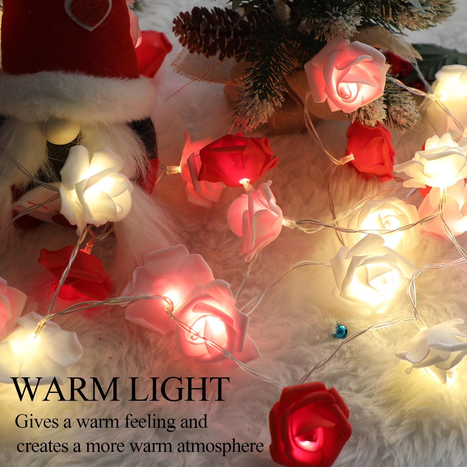 CCINEE 9.8Ft LED Rose Flower String Lights?30 LED Red White Pink Flower Fairy String Lights Battery Operated Flowers Garland Lig
