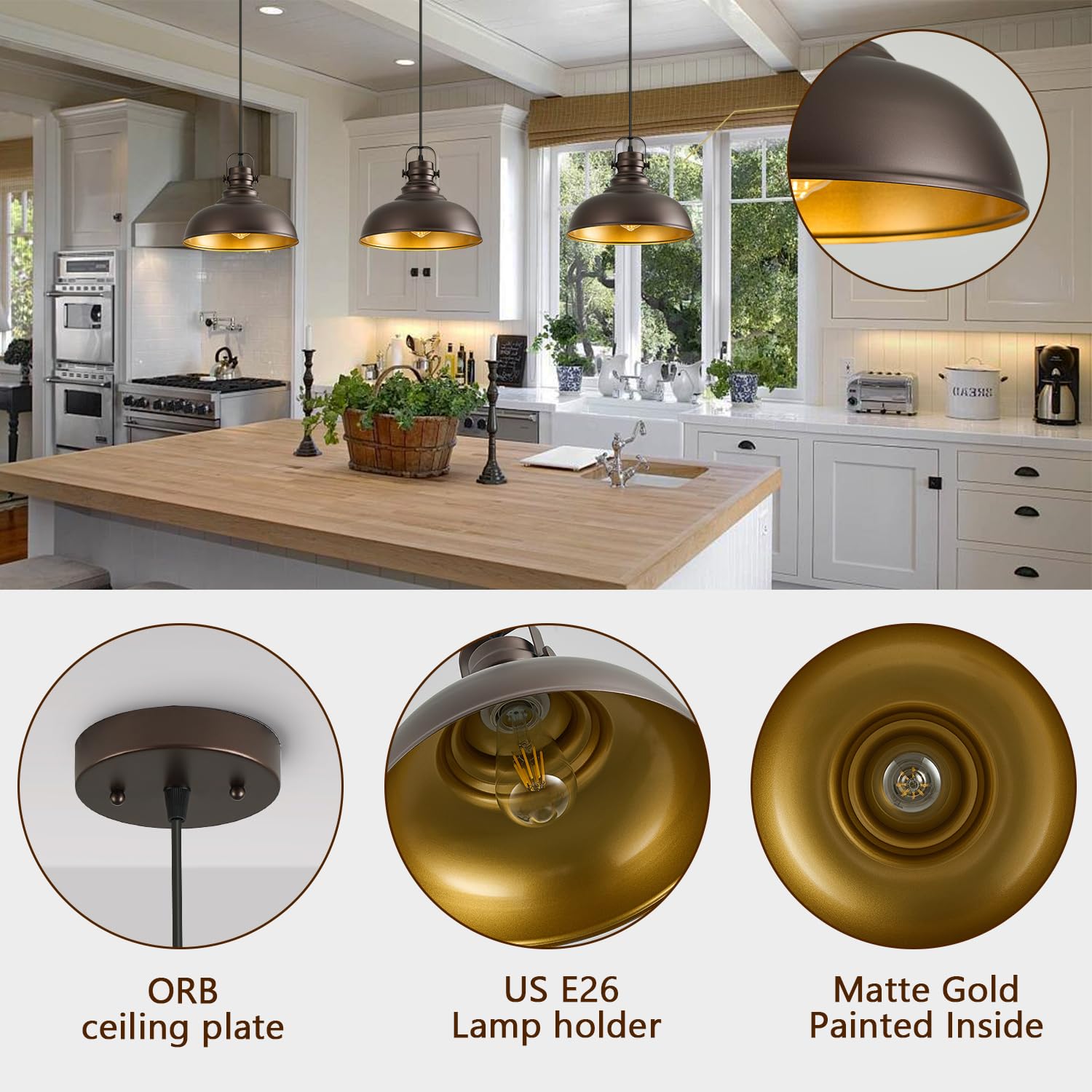 Refice 2 Packs Farmhouse Pendant Lights, Oil Rubbed Bronze Matte Pendant Lighting For Kitchen Island Industrial Adjustable Heigh