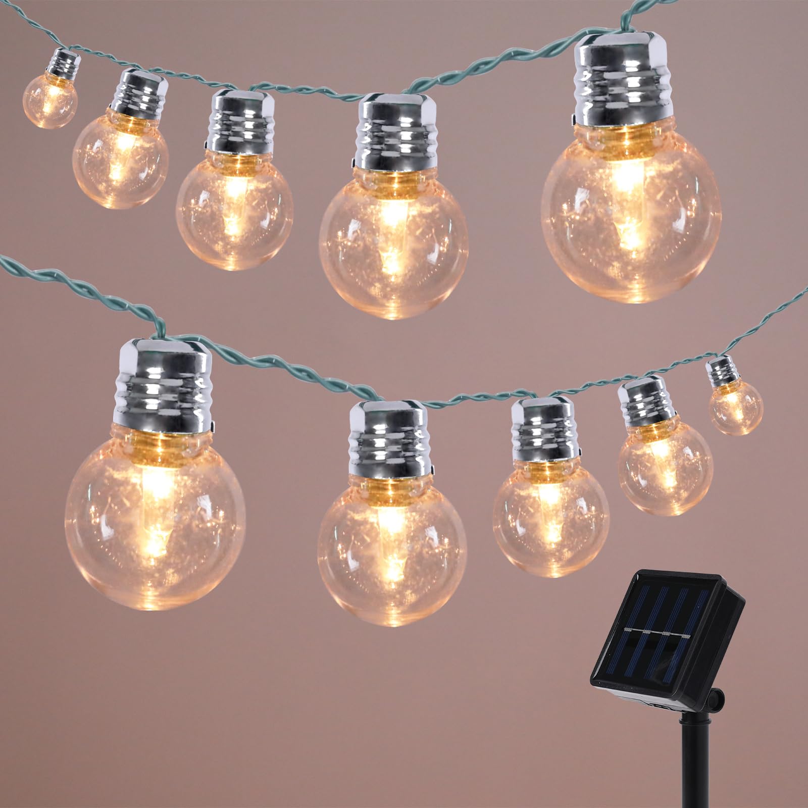 Afirst Solar Outdoor String Lights G40 15FT Waterproof LED Bulbs Silver