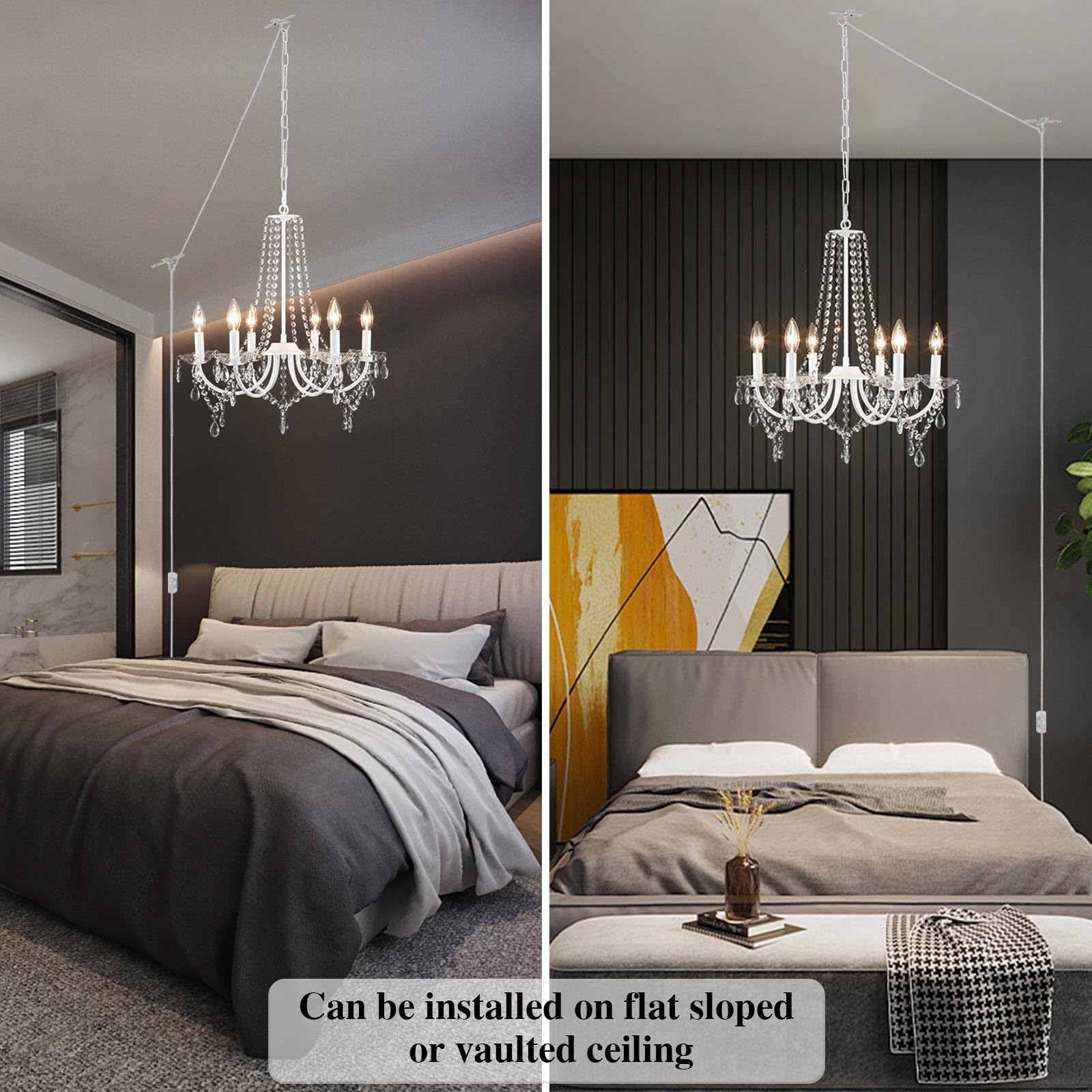 Meijia Plug In Crystal Chandeliers Lighting Fixture 6 Light Modern Crystal Chandelier With 15.75Feets Plug In Cord White Mini Pl