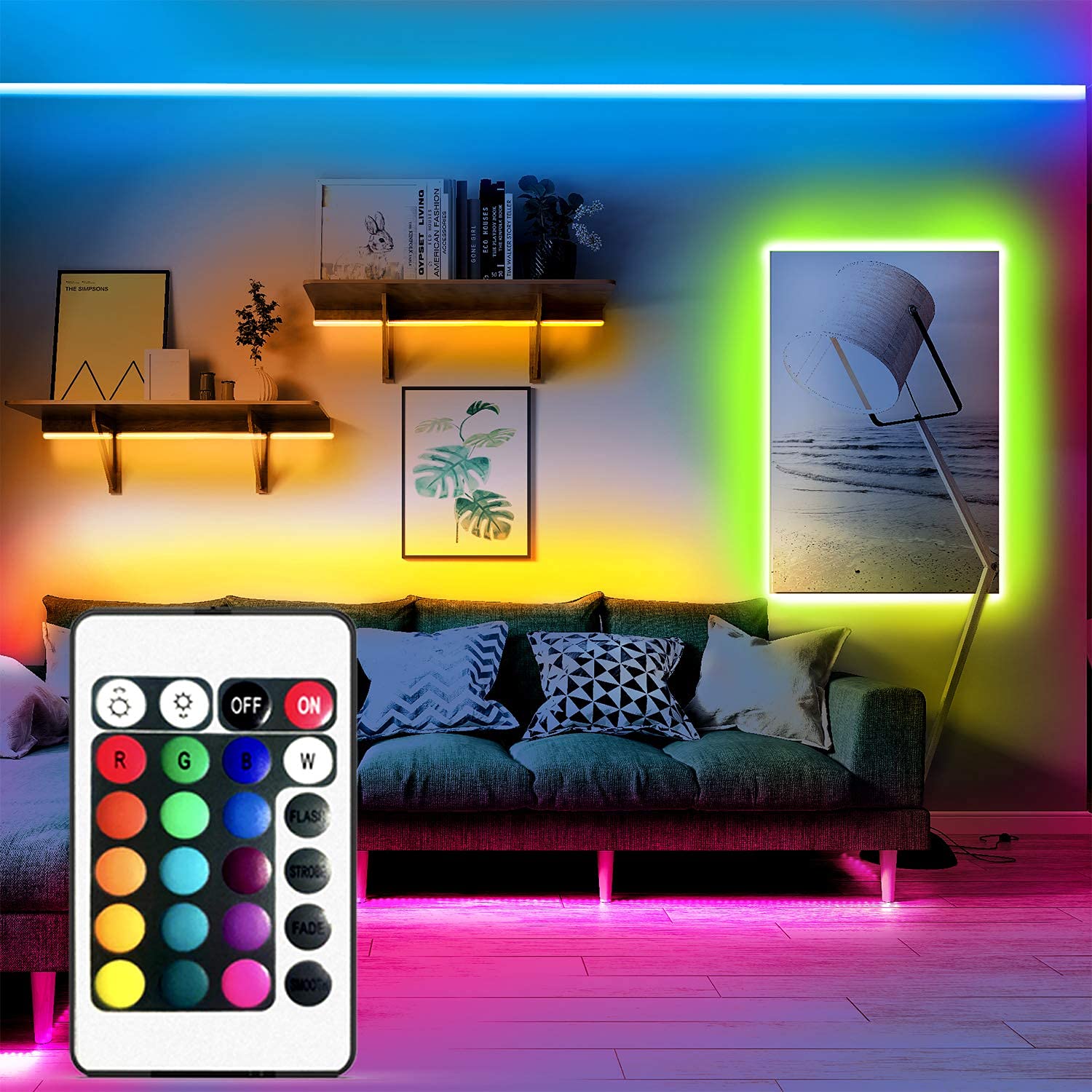 DAYBETTER RGB LED Light Strips with Bluetooth Remote Control, 24-Key, 2 Ports, Model DBL0362CNOV, DC 12V, Dimmable