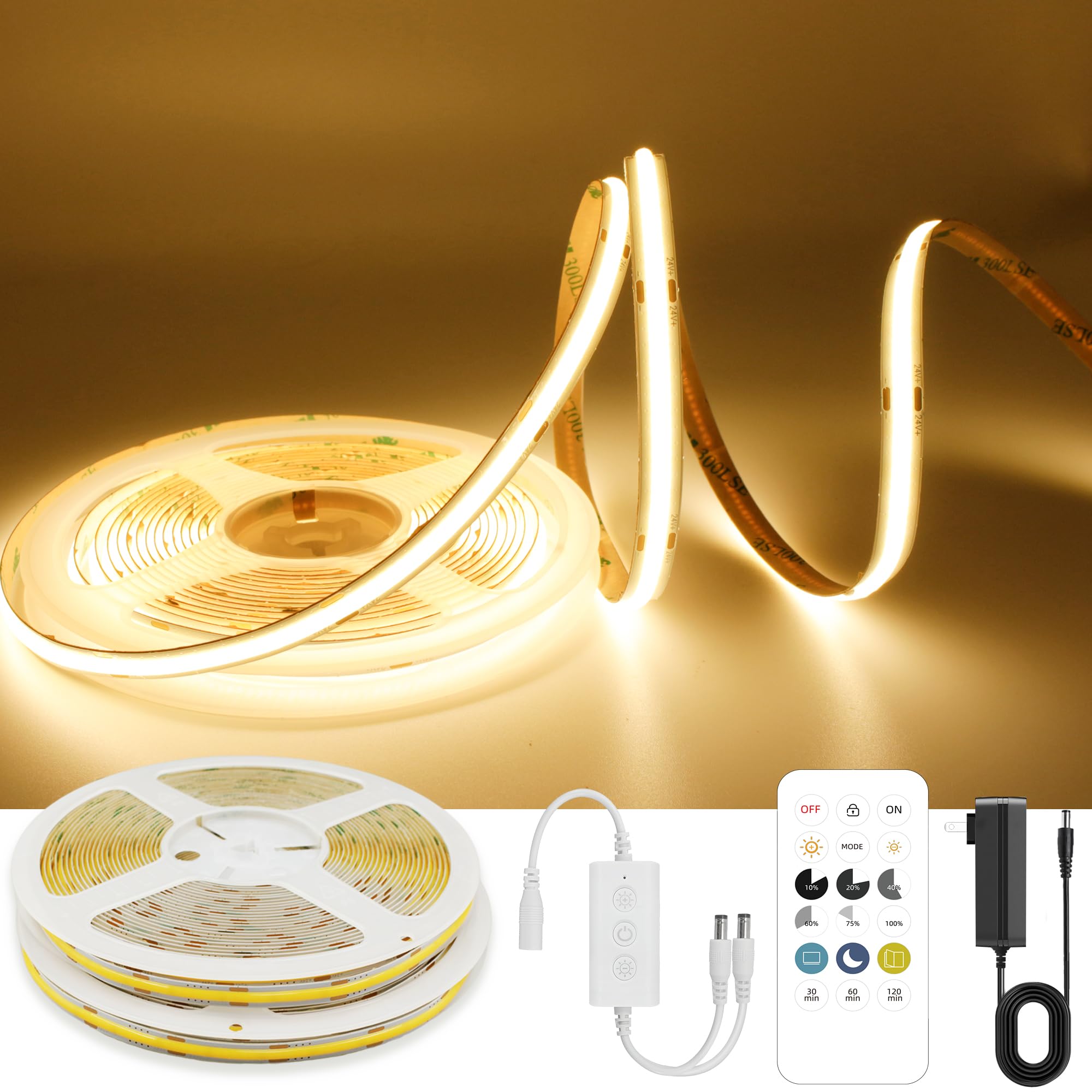 AXMOTUT 65.6ft COB LED Band Light Warm White  High Bright LED Bands with 320LEDs  RF Remote and UL Power Supply  3000K Dimmable LED Lights for Bedroom Kitchen  DIY Home Decoration  2 Rolls of 32.8ft