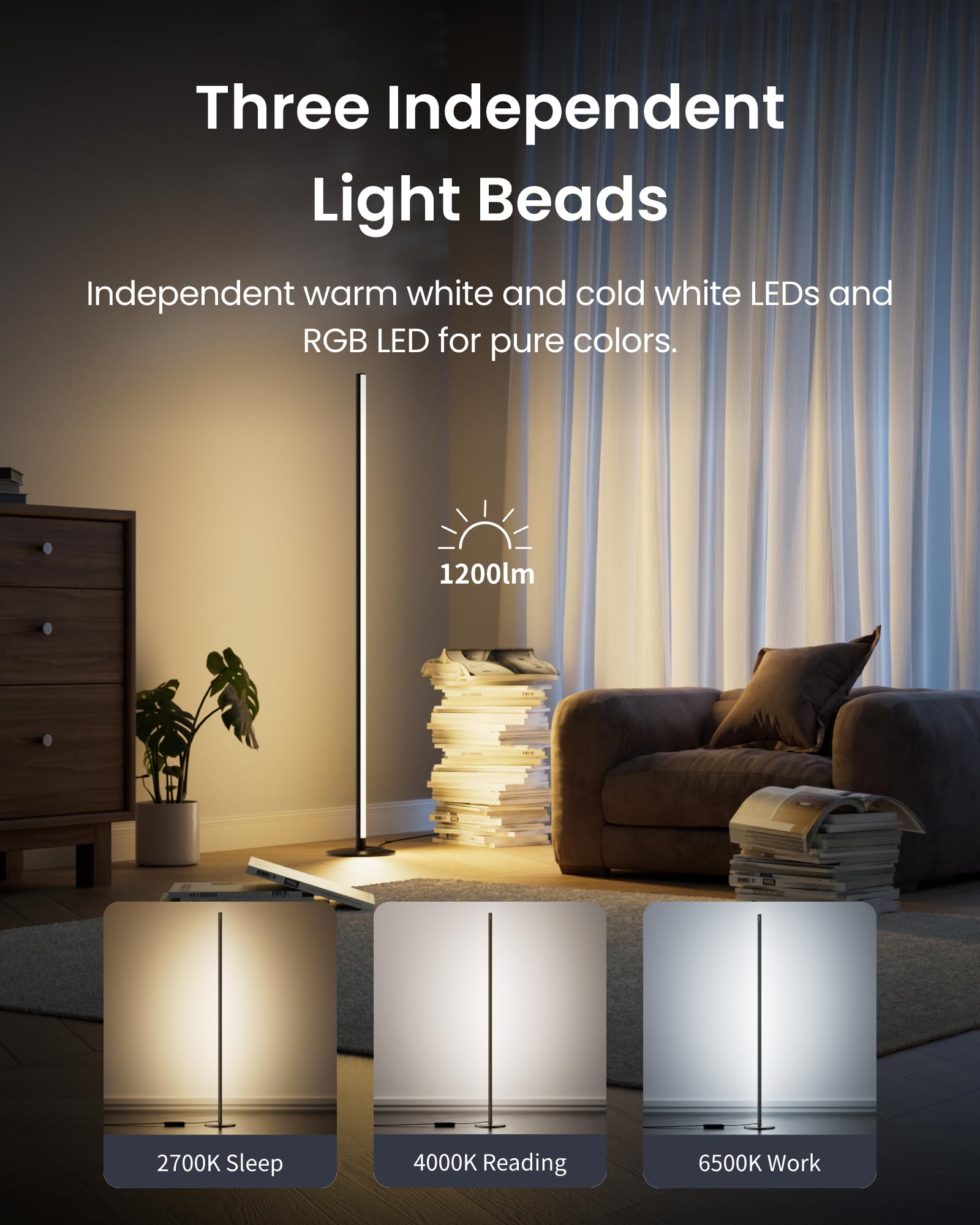 Switchbot Floor Lamp With Matter, Rgb, Warm Cool White, Corner Floor Lamp Compatible With Apple Home, Alexa, Google Home, 1200Lm