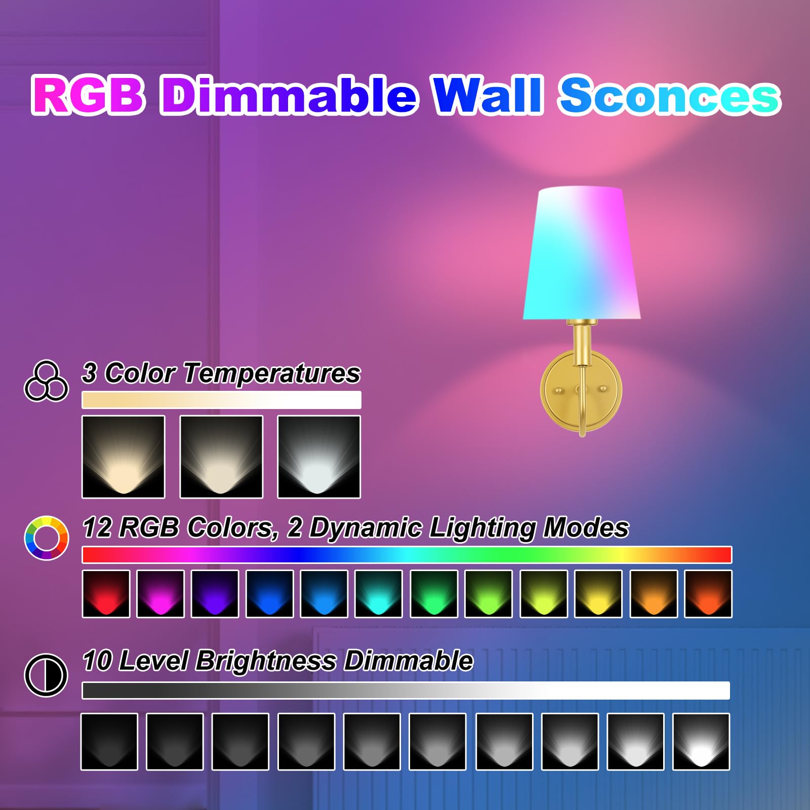 Odnora Wireless Rechargeable Wall Sconce, Battery Operated Wall Lights With Remote, Wall Lamps With Dimmable Rgb Led Bulbs, No W