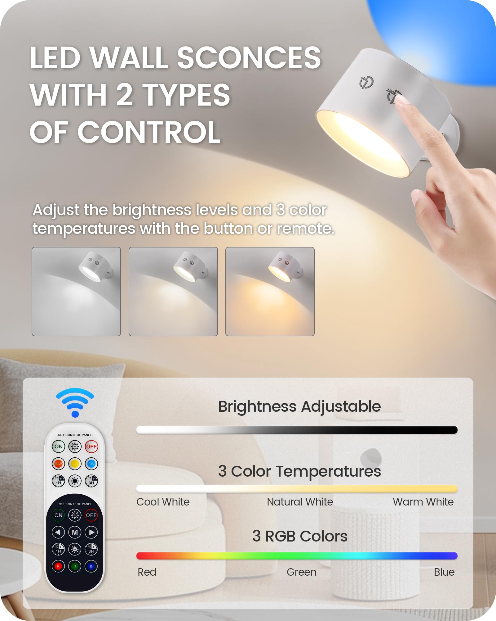 Goebleson Battery Operated Wall Sconce Set Of 2, Rechargeable Wall Sconce With Remote Control, 3 Color Temp 3 Rgb Dimmable, Cord