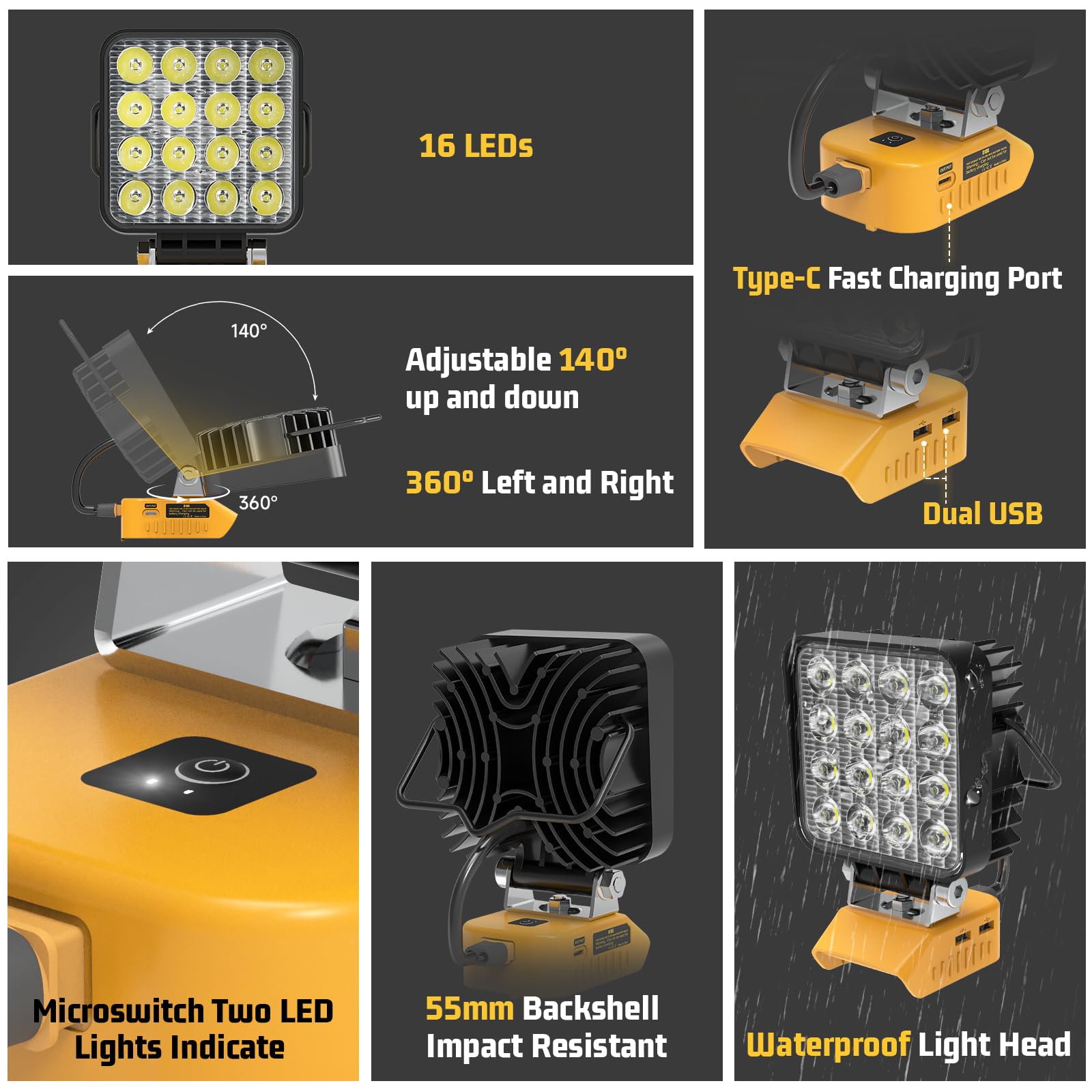 Mightrench LED Work Light 48W 4800LM Compatible with Dewalt 20V Battery, Yellow, Model DLED01, Adjustable 140°