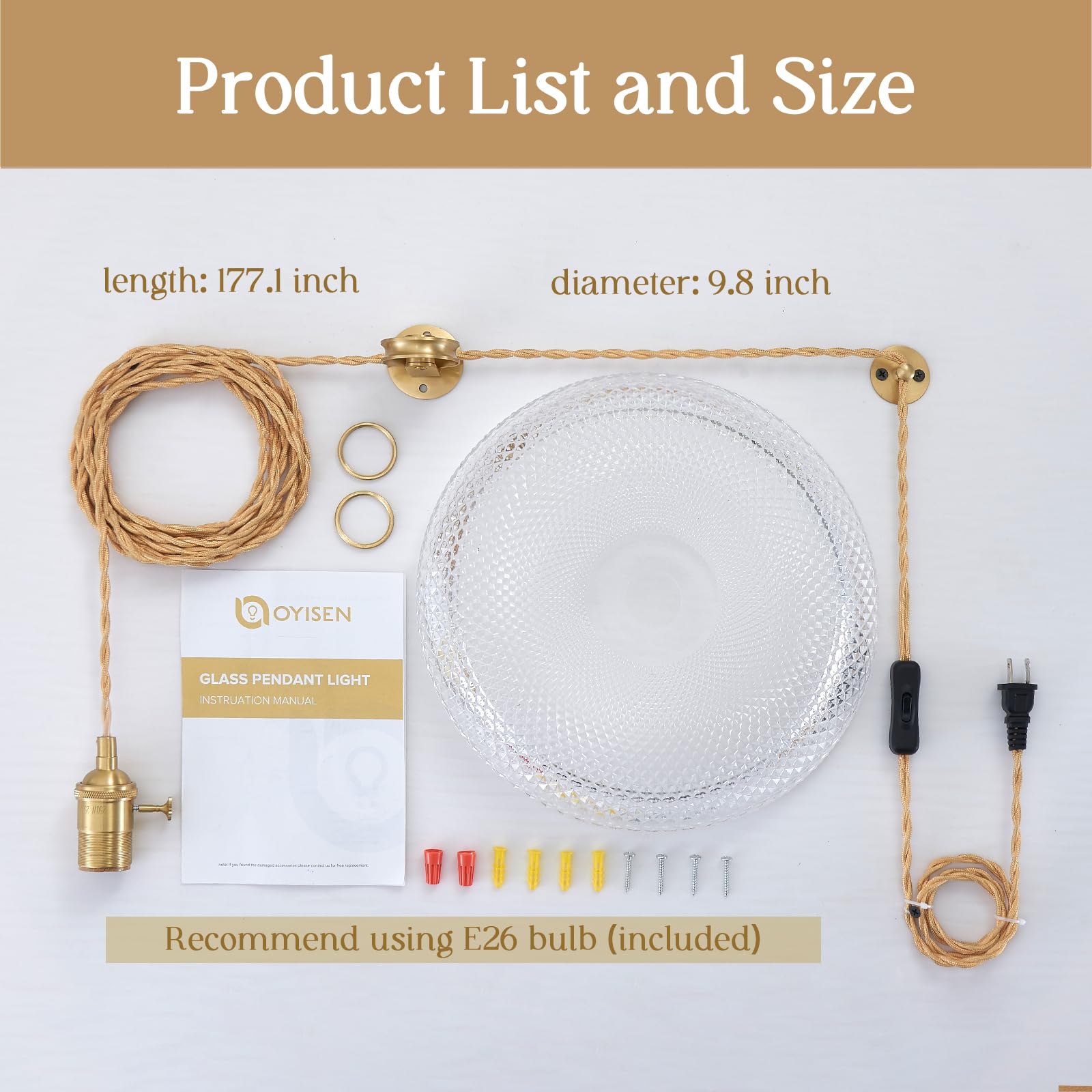 Oyisen Hanging Lamp Plug In,Golden Adjustable Light Cord Plug In Pendant Light 9.8 Inch Glass Lampshade Hanging Ceiling Light Kitchen Island Pendant Lights For Bedroom