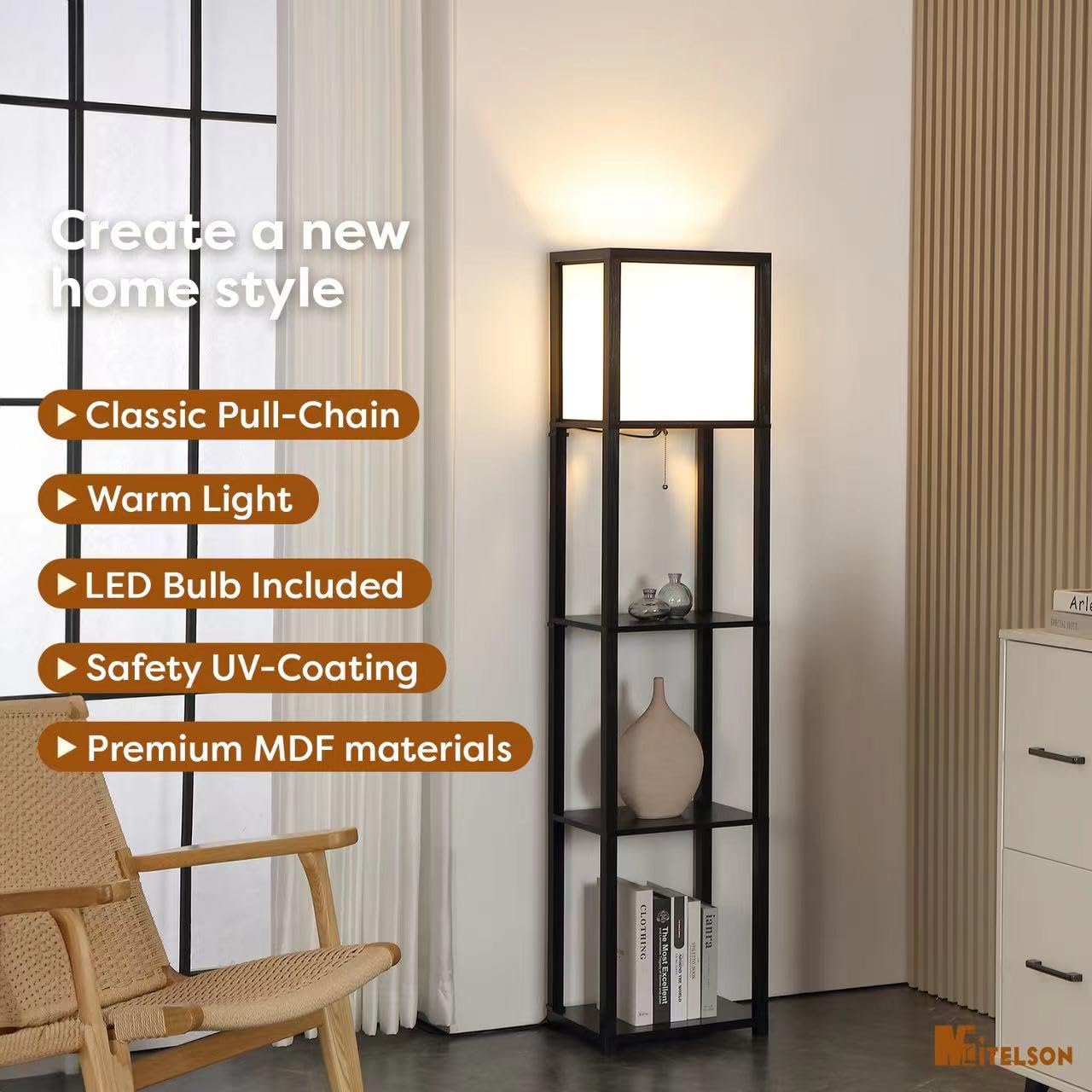 Mitelson Floor Lamp With Shelves, 4-Tier Modern Shelf Floor Lamp, Corner Display Floor Lamp, Shelf Lamp With Led Bulb For Living