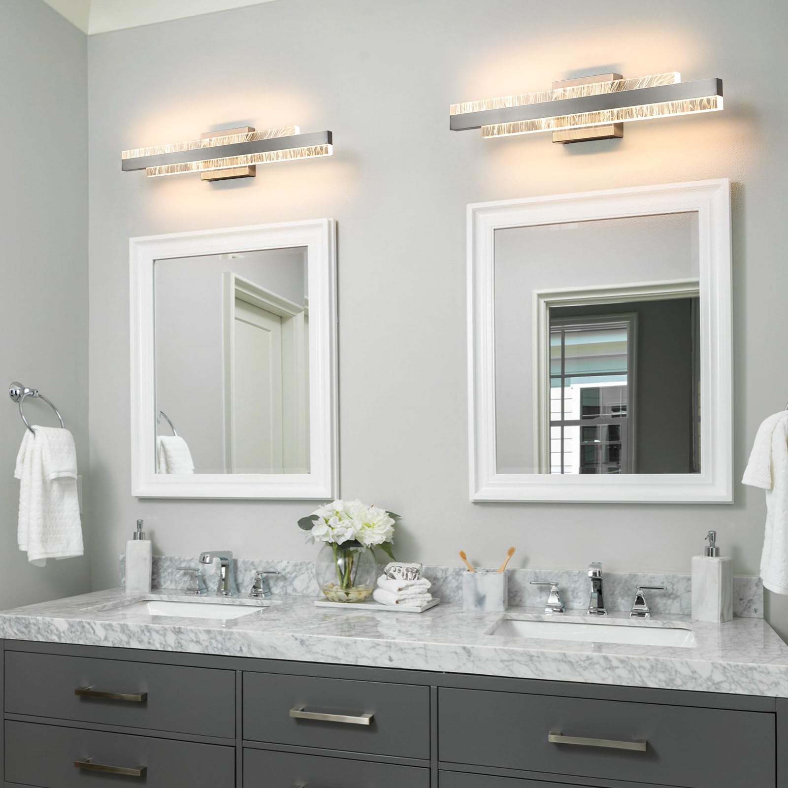 HAHZT Modern Bathroom Vanity Light - 24" Brushed Nickel Dimmable LED Wall Sconce, Model 8075WL, Ideal for Bath & Living Room