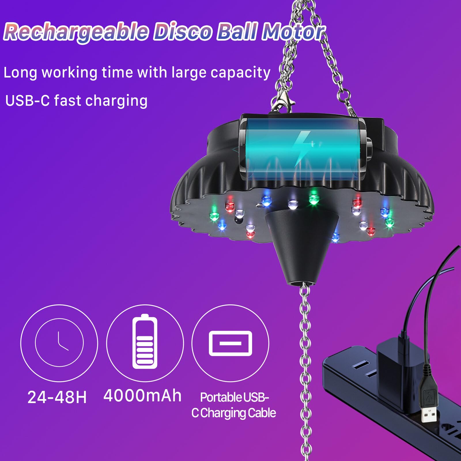 Disco Ball Motor Rotating With Light: Rechargeable Disco Ball Spinner With Remote Adjustable Speed - 18 Rgbw Led Light For Hanging Mirror Ball Wedding Party Decor