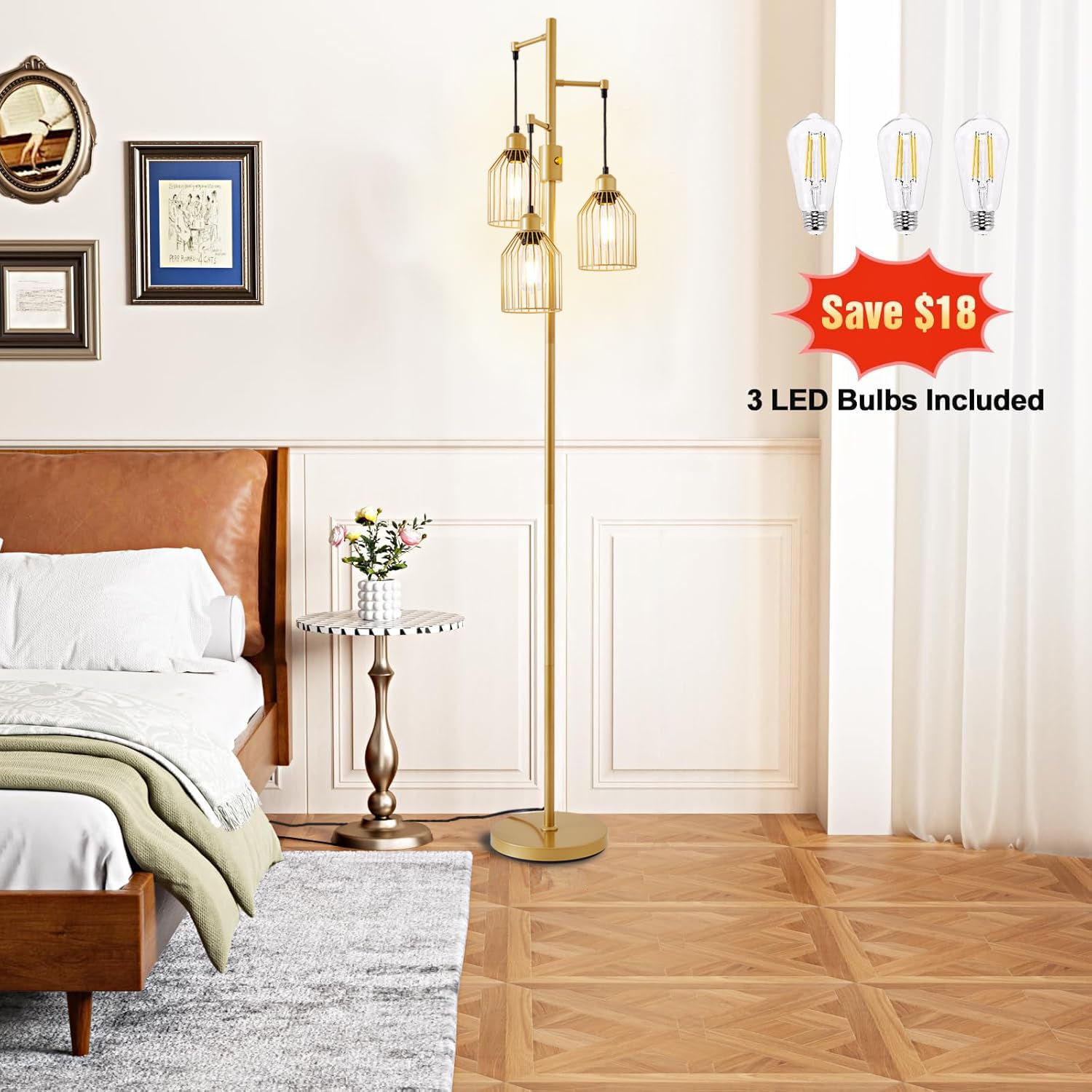 A1A9 Dimmable Floor Lamp For Living Room, Farmhouse Floor Lamps With Elegant Hanging Cage, 3 X Led Edison Bulbs Included, 68.5''