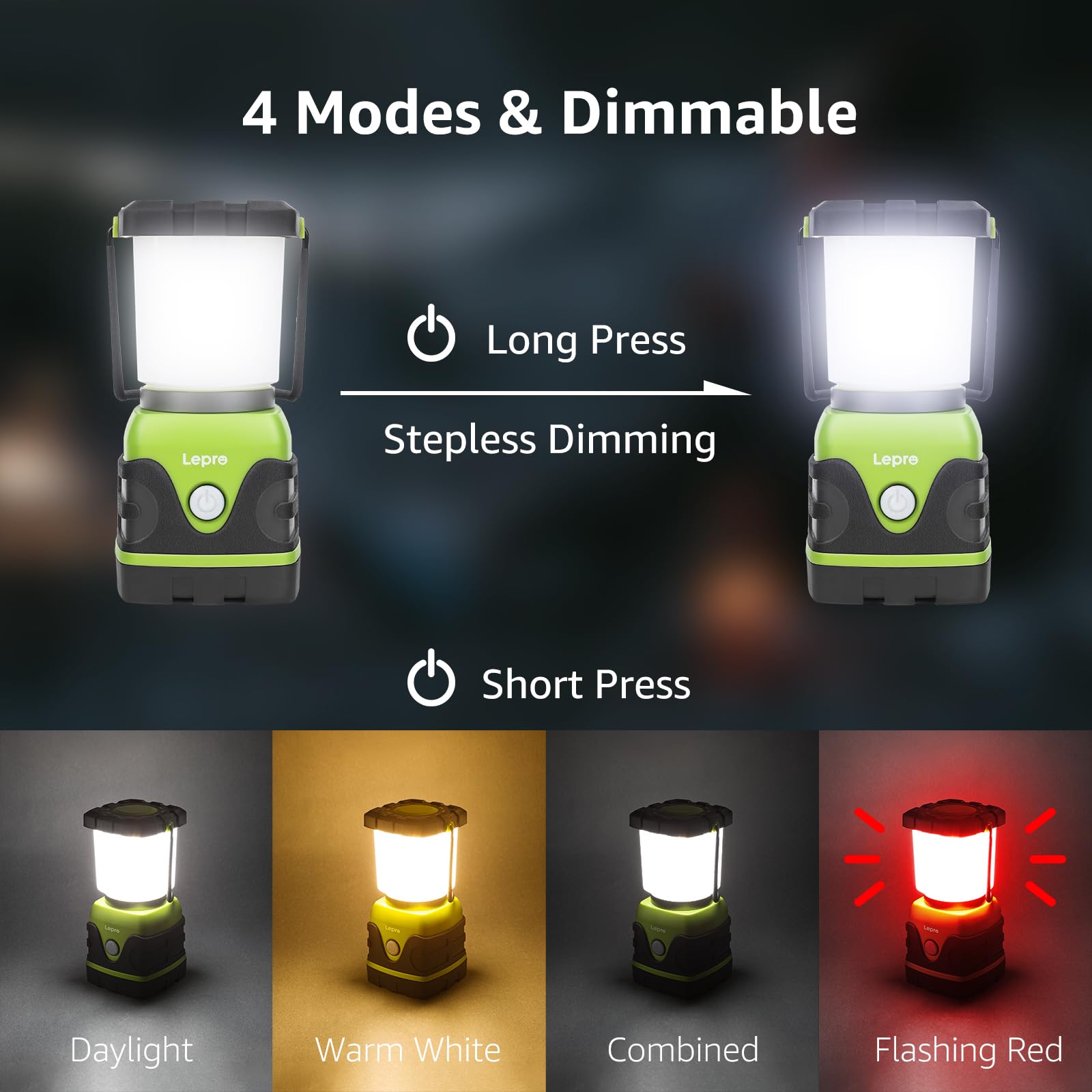 Lepro 1500LM Battery Powered LED Camping Lantern, Waterproof, 9.5x8.8x18.4cm, Green, Model PR330042