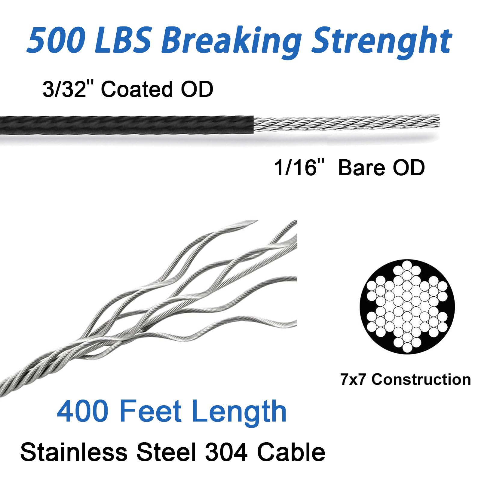 String Light Hanging Kit With 400Ft Vinyl Coated 304 Stainless Steel Wire Rope, Globe String Light Suspension Kit, Outdoor Light