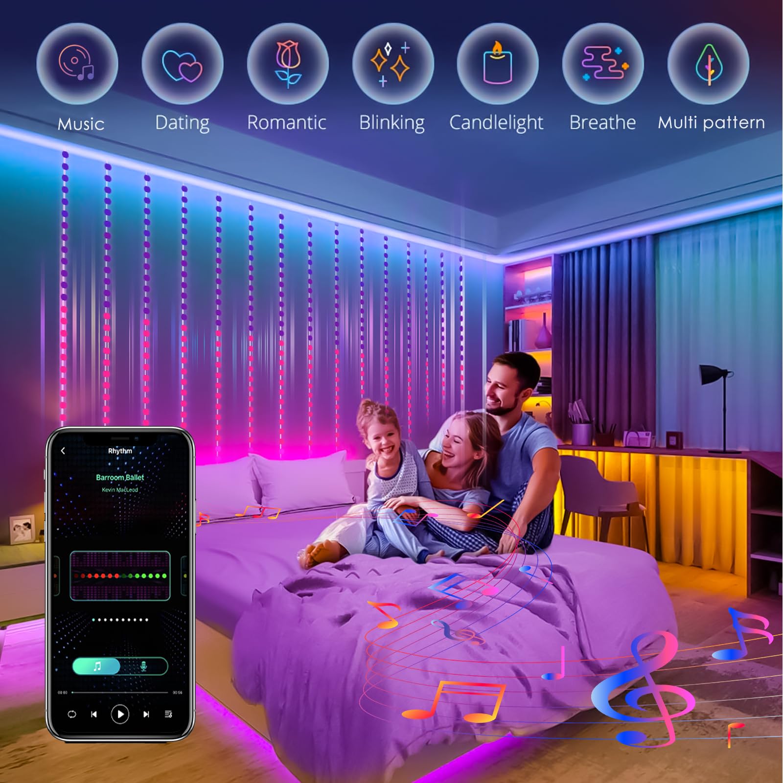 HXWEIYE Smart Curtain Lights, 400LED Fairy Lights, 6.6Ft x 6.6Ft, Multicolor, APP & Remote Control, Model GP-SW050DC300