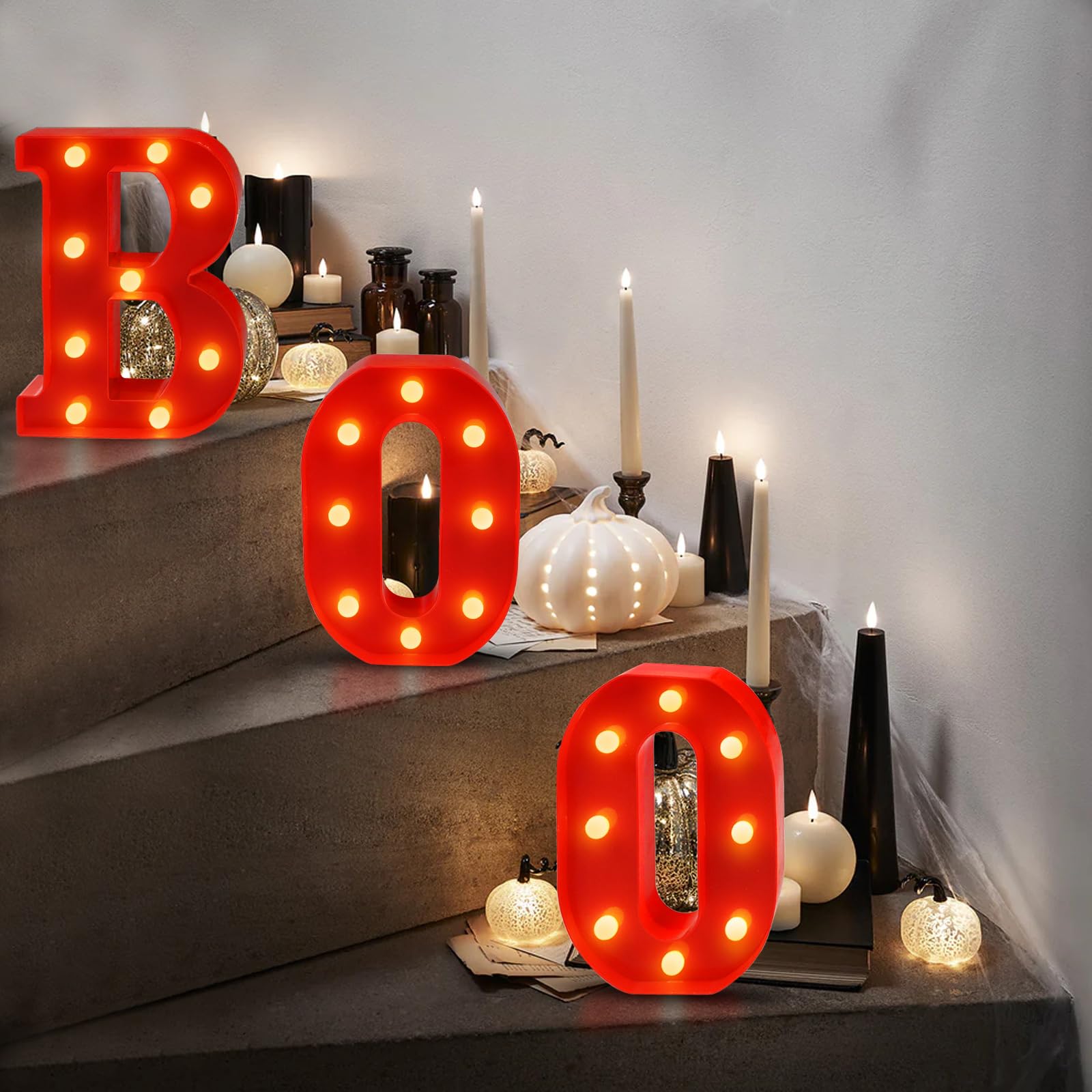 CESOF Boo Sign Light Up Halloween Decor, 8.5 Inch LED Marquee Letters, Battery Powered, Red Plastic, Model Halloween letters light-01