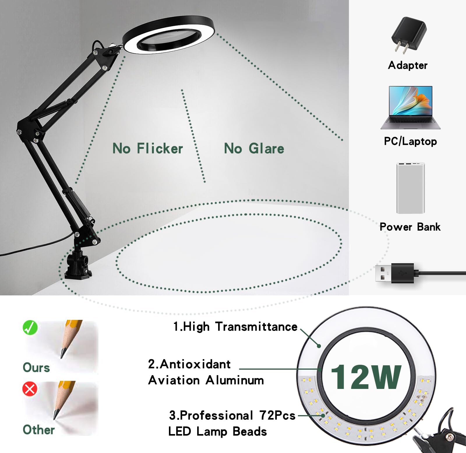 Nerefou 10X Magnifying Lamp With Light And Stand, 2-In-1 Desk Lamp With Clamp, 3 Color Modes, Close Work Magnifying Glasses (1St Generation Base & Clamp)