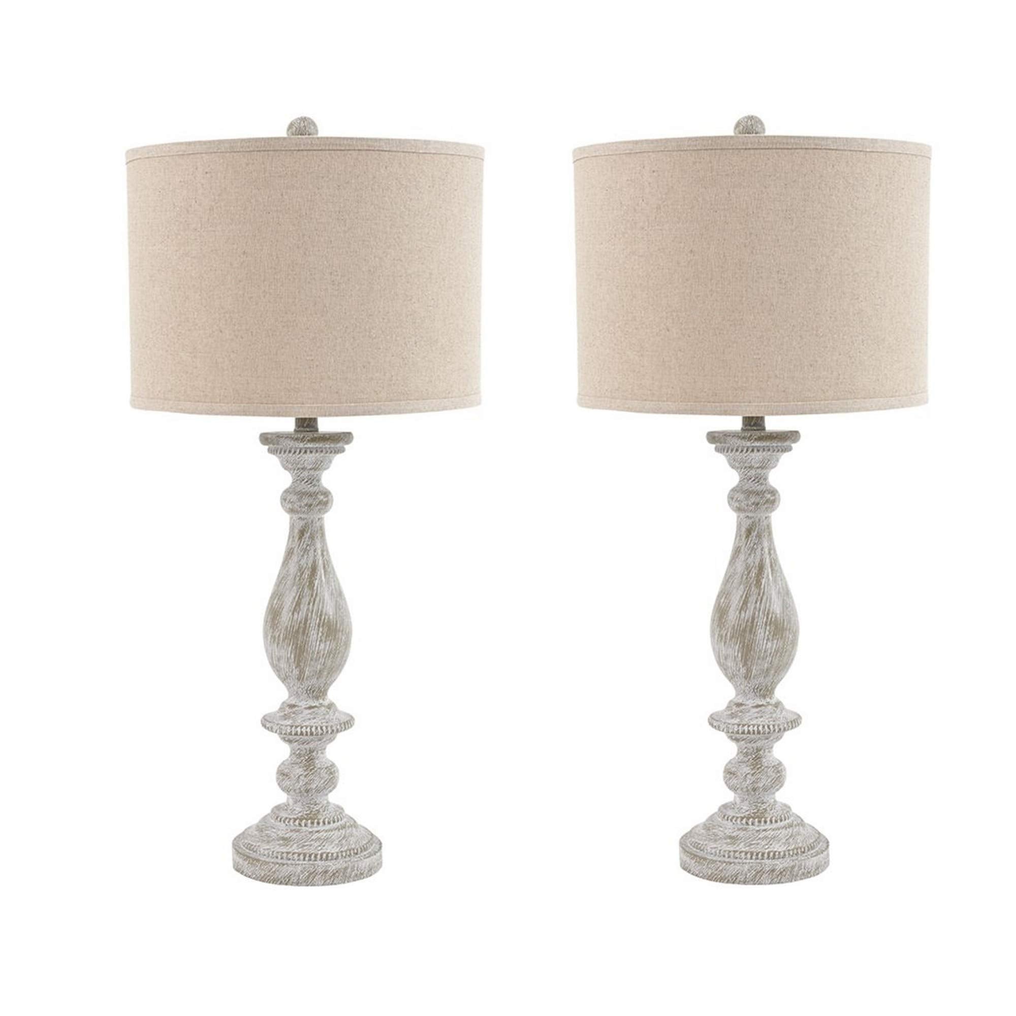 Benjara Drum Shade Table Lamp with Pedestal Base, Set of 2, Beige and White