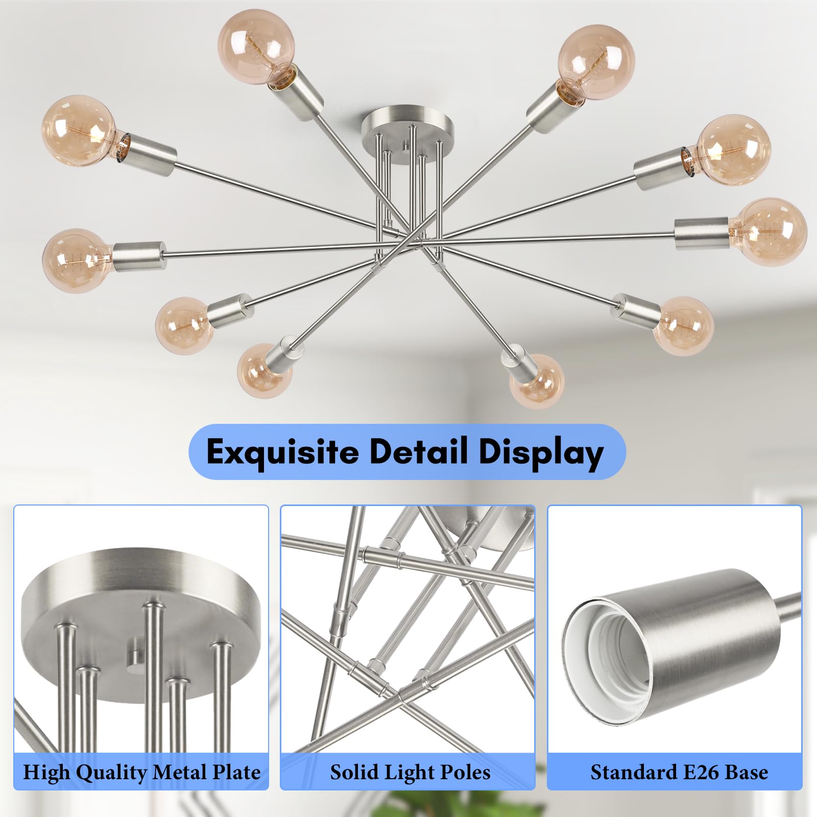 Semi Flush Mount Ceiling Light Fixture, 10-Light Modern Brushed Nickel Sputnik Chandelier Industrial Ceiling Lamp For Kitchen Di