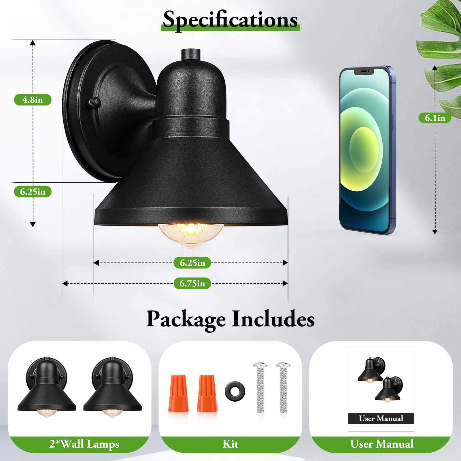 Brightever Outdoor Lanterns, 2-Pack Waterproof Black Wall Mount Lights, E26 Socket, Modern Design