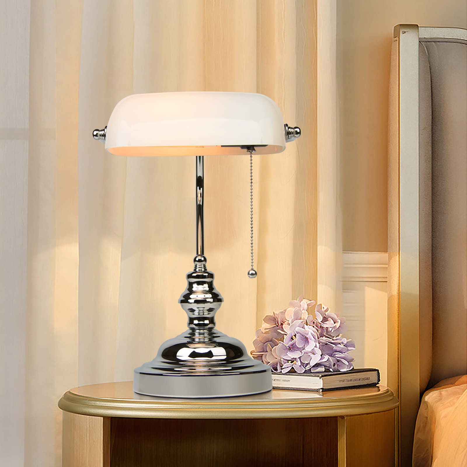 FIRVRE Bankers Lamp White Shade, Bankers Desk Lamp Library Lamp with Pull Chain, Vintage Desk Lamp for Office, Study Room