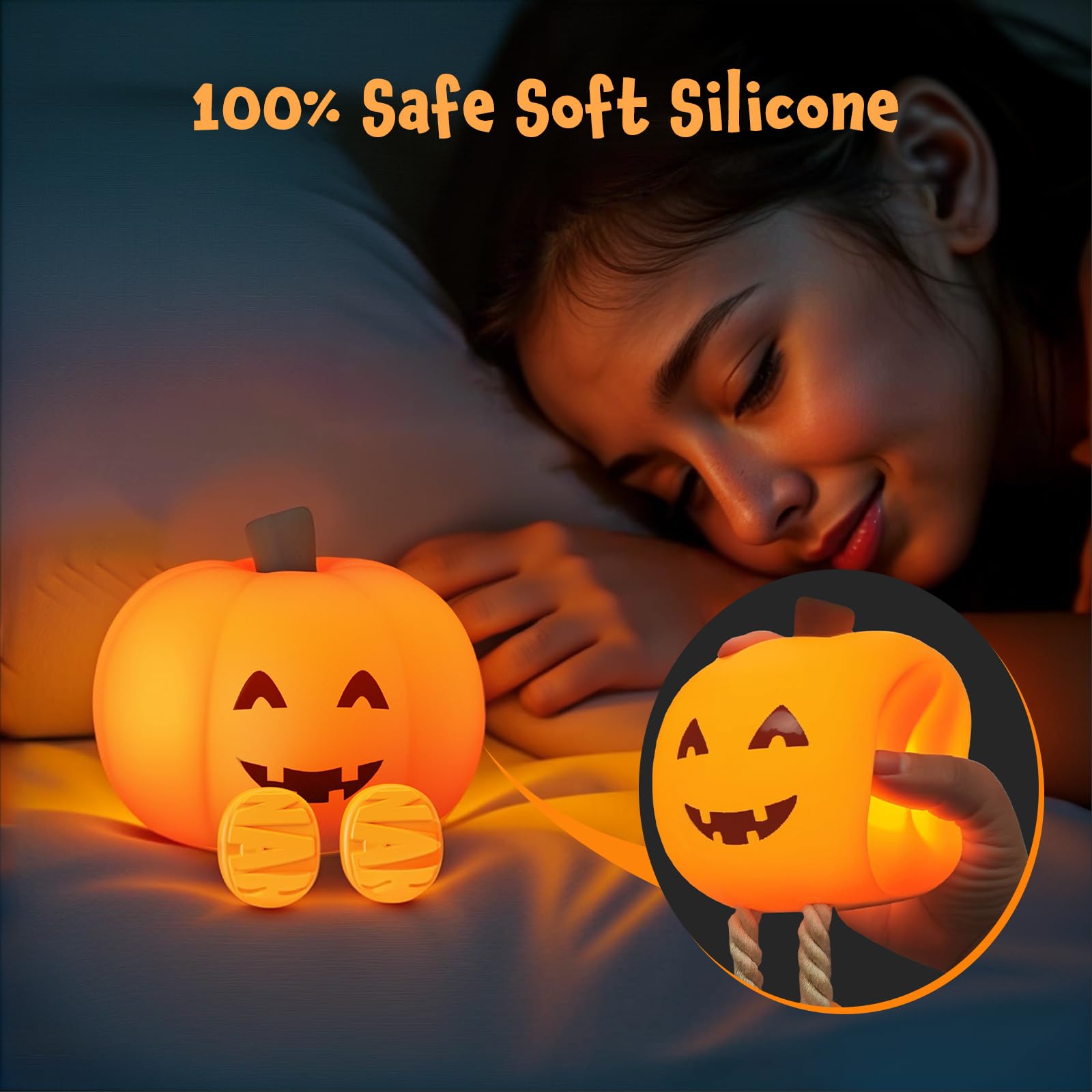 Yissvic Cute Pumpkin Night Light Rechargeable Led Pumpkin Bedside Lamp, Squishy Silicone 3-Level Dimmable Brightness Touch Contr
