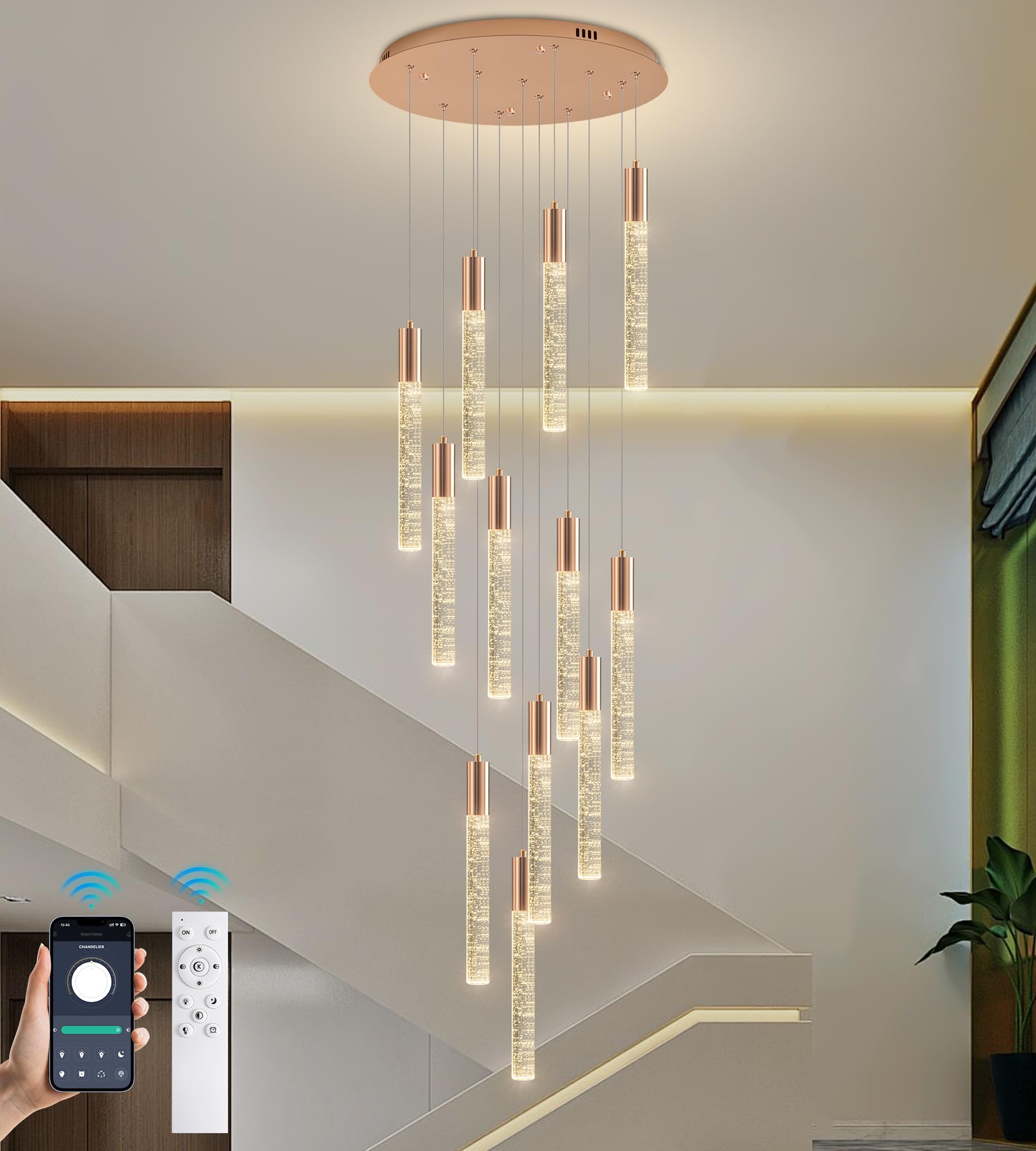 Upfelw Modern High Ceiling Crystal Chandelier 12-Lights  Large Spiral LED Raindrop Foyer Pendant Lighting  Bubble Staircase Living Room Hanging Light Fixture Flush Mount Gold
