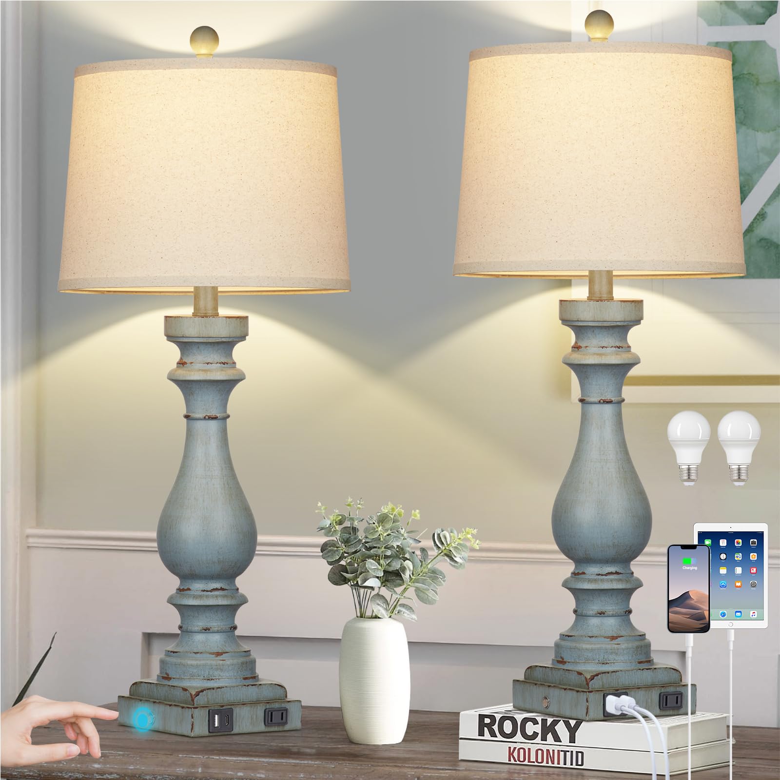 Cinkeda 29'' Tall Table Lamp for Living Room Set of 2,Coastal Bedside Nightstand Lamps with USB C+A Ports & AC Outlet,3-Way Dimm