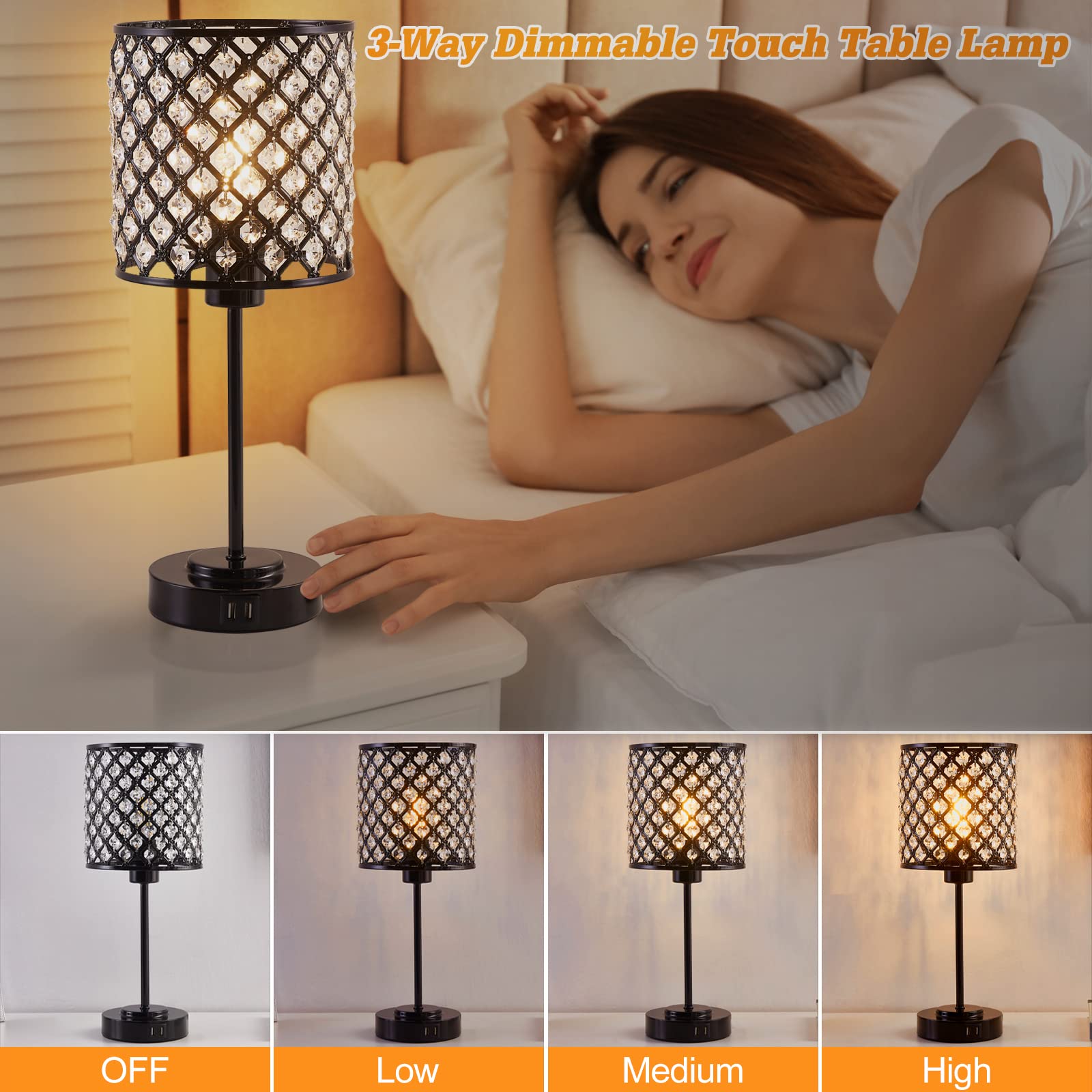 RAYINIGHT Touch Control Crystal Table Lamp Set of 2 with USB Ports, 3-Way Dimmable, Black