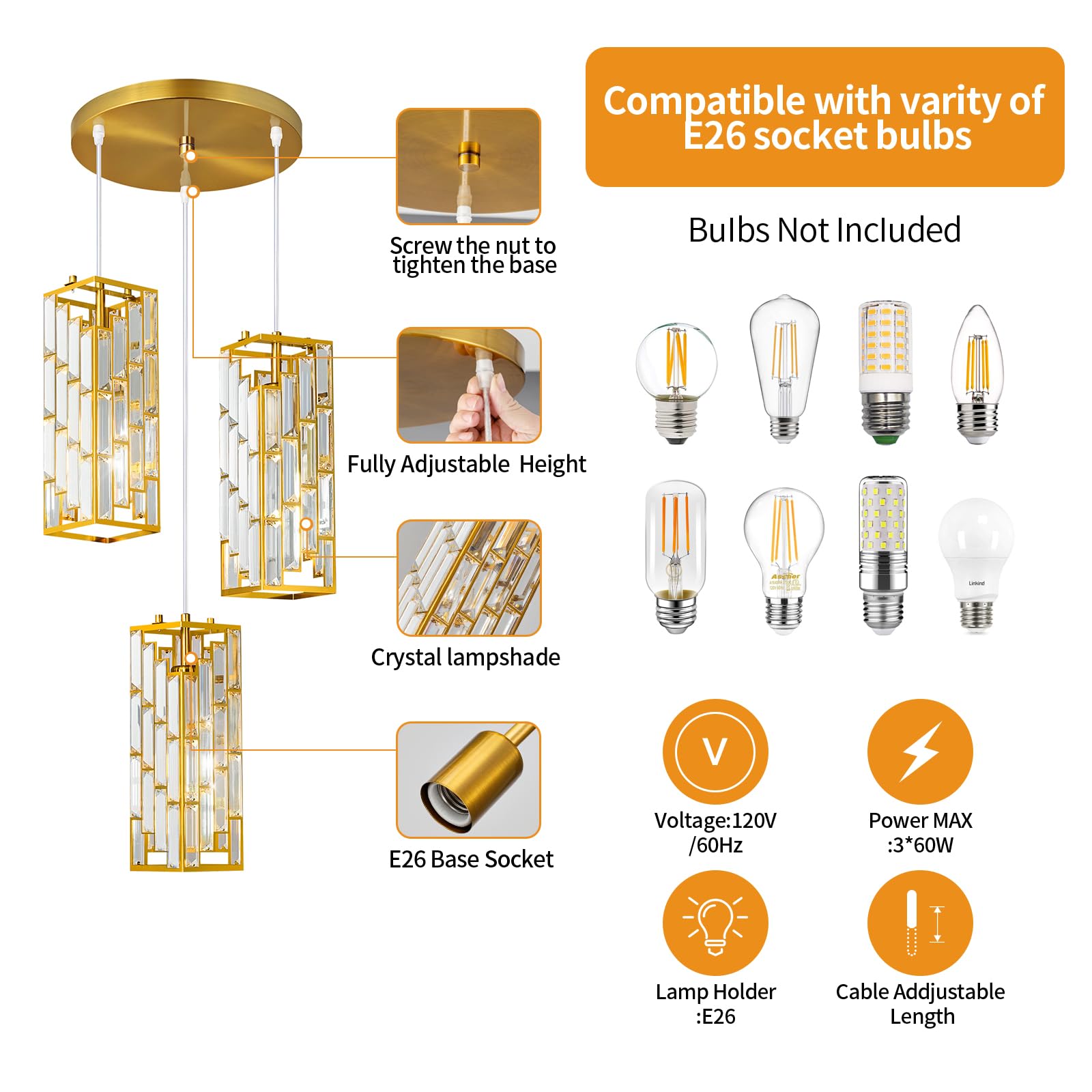 Fdpby Gold Pendant Lighting Modern Pendant Light, Mini Crystal Chandeliers,Adjustable Pendant Light Fixture For Kitchen Island Dinning Room Bedroom (3 Light)