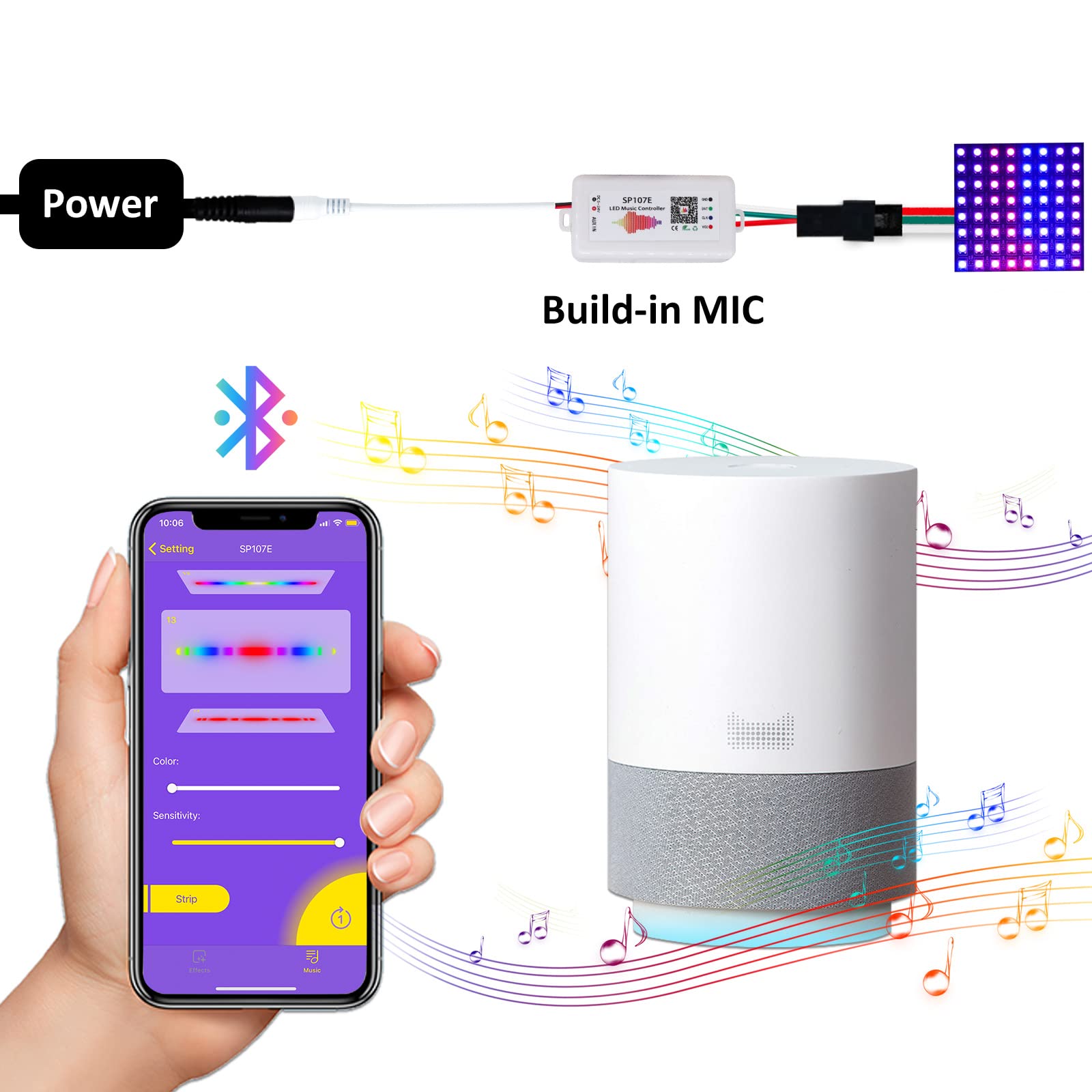 RECRE-TECH Ws2812b LED Controller, Bluetooth Control, 5-24V, SP107E, White, Metal