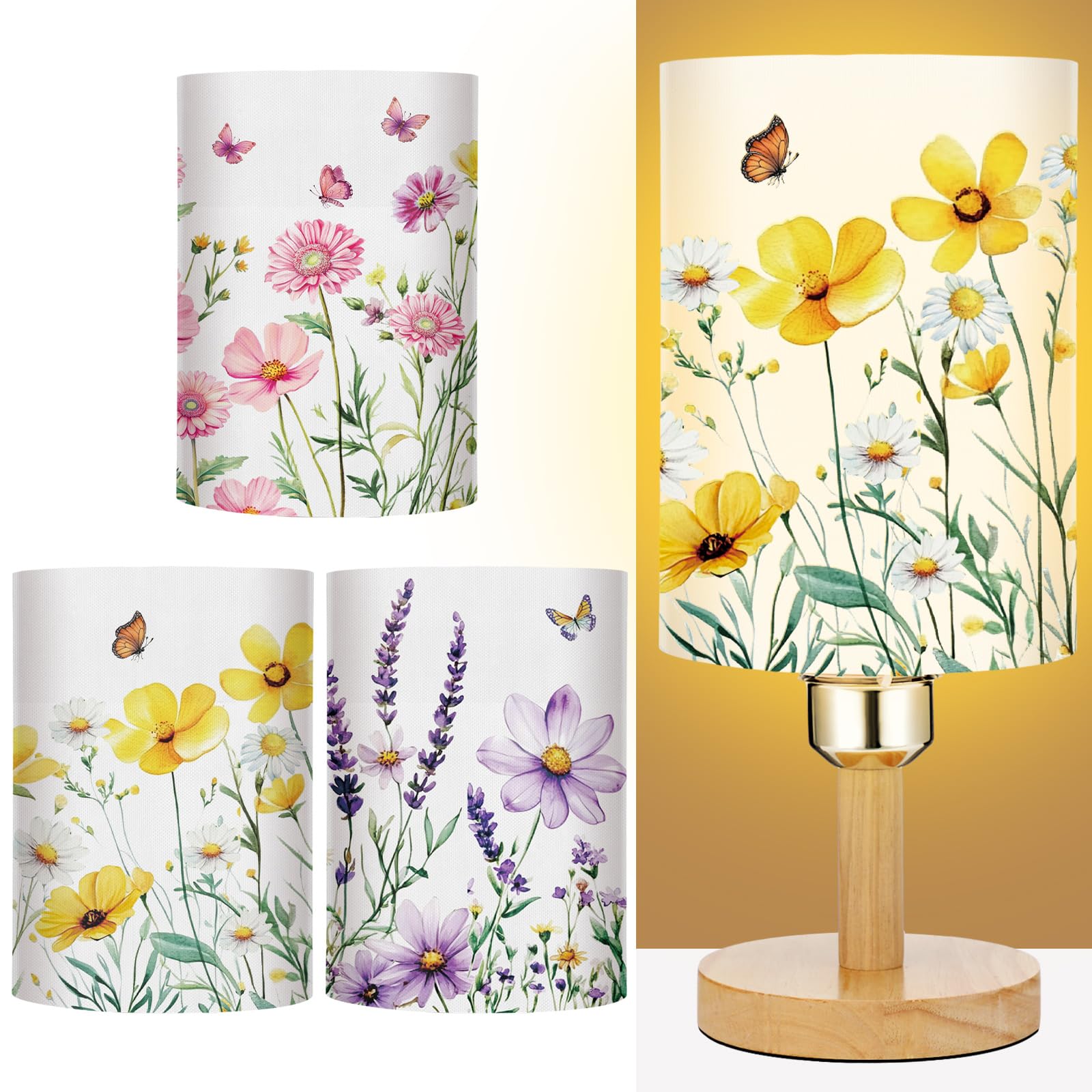 Tujoe 3 Pcs Spring Flower Bedside Lamp Cottage Core Decor with 3 Interchangeable Fabric Shades Nightstand Lamp Rustic Decorative