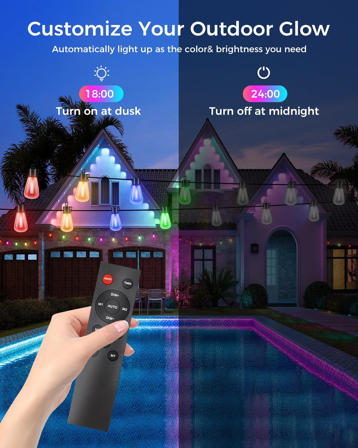 litogo 120FT Color Changing Outdoor String Lights - Dimmable LED RGB with Waterproof Edison Bulbs for Yard, Party, Wedding