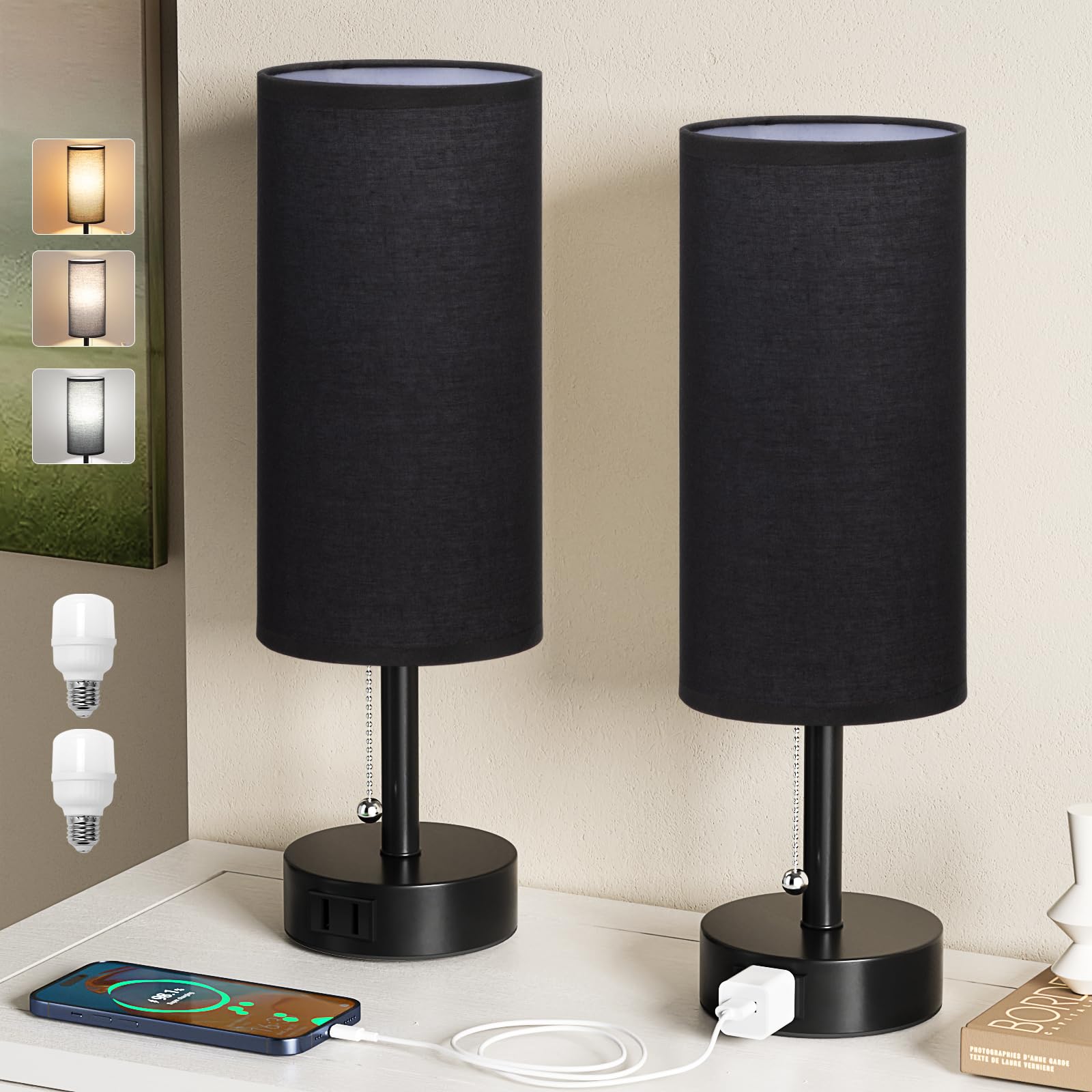 Fenmzee Black Bedside Table Lamps Set of 2-3 Color Temperatures Pull Chain Lamp with AC Outlet Charging Port, Round Night Stand 