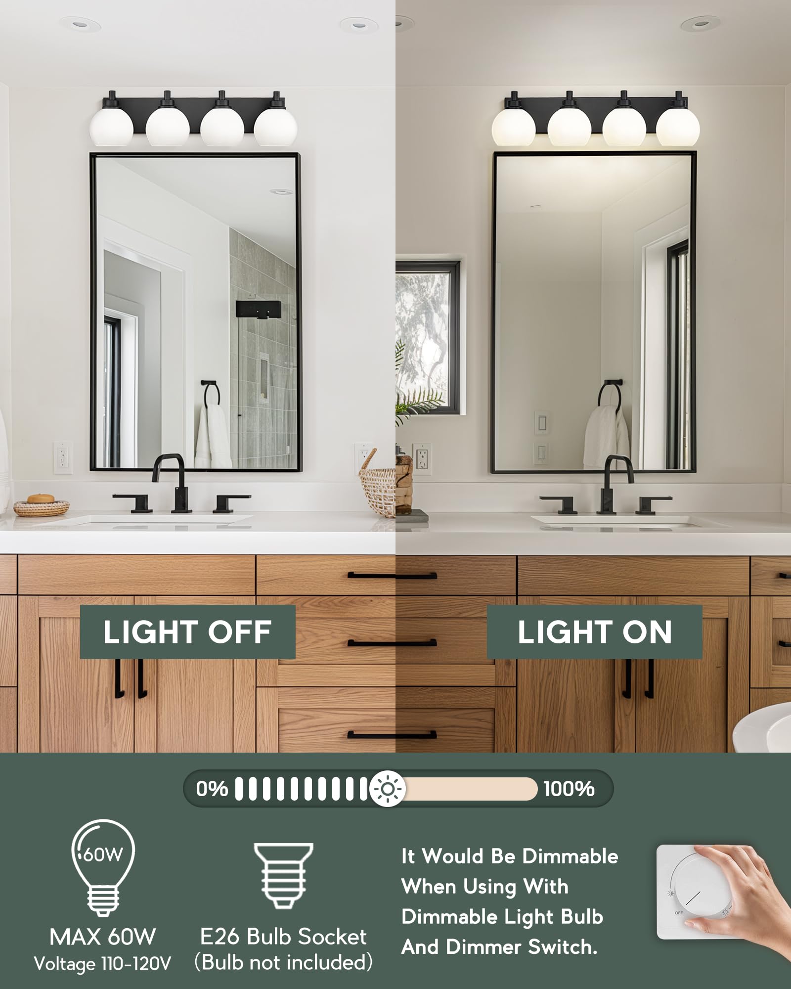 Metwet Bathroom Light Fixtures, 4 Light Matte Black Vanity Light, 26 Inch Modern Wall Sconces With Globe Milk White Glass Shade,