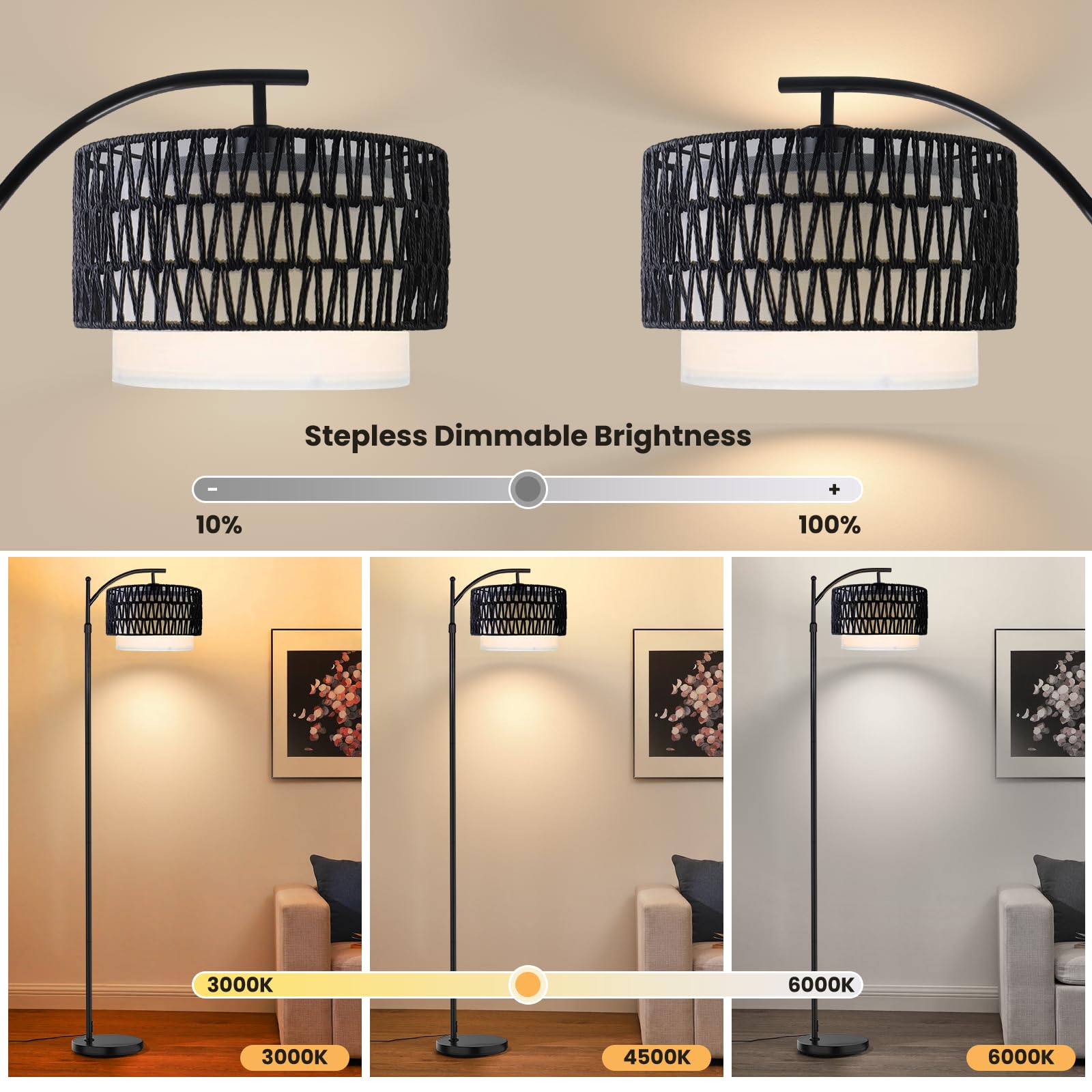 Yusist Arc Floor Lamp For Living Room,Farmhouse Floor Lamps With Remote Control & Dimmable Bulb,Black Rattan Boho Tall Standing
