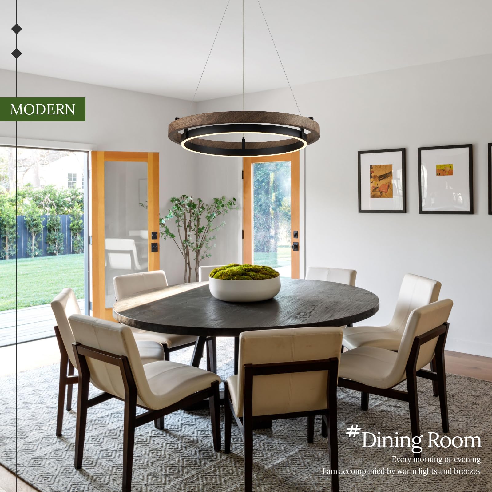 CaraLuxe LED Ring Chandelier, Dimmable 24in Black & Walnut Wood, Model CLP31B for Dining Room, Entry, Bedroom, Office, Living Room