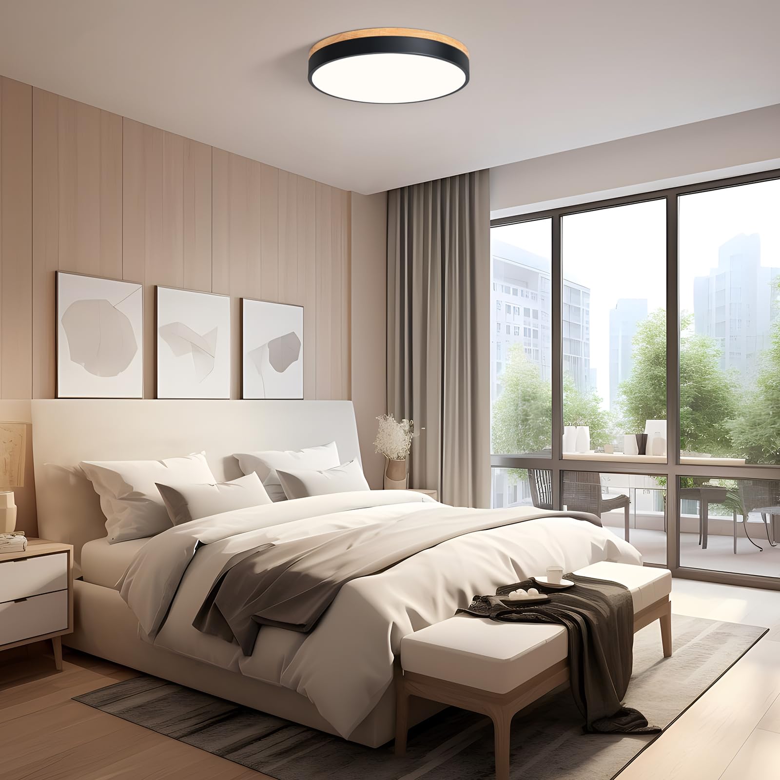 Zuyurt Wood Led Ceiling Light, Modern Black Flush Mount Ceiling Light, Minimalist Close To Ceiling Light Fixture For Bedroom, Li