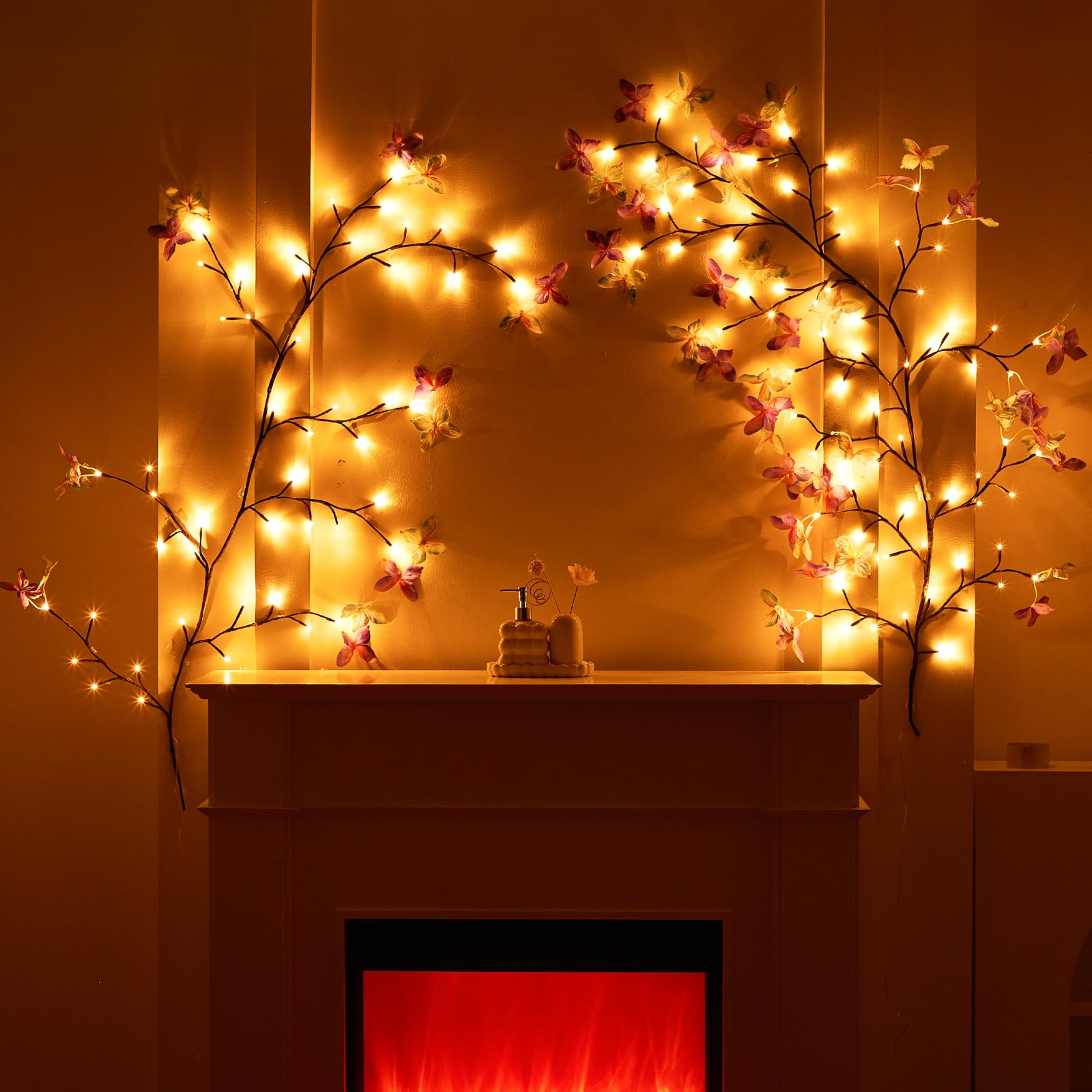 Glooglitter 2 Sets Butterfly LED Tree Branch Lights for Wall 3.94 FT 48 LED Butterfly Willow Vine Twig Flower String Lights Chri