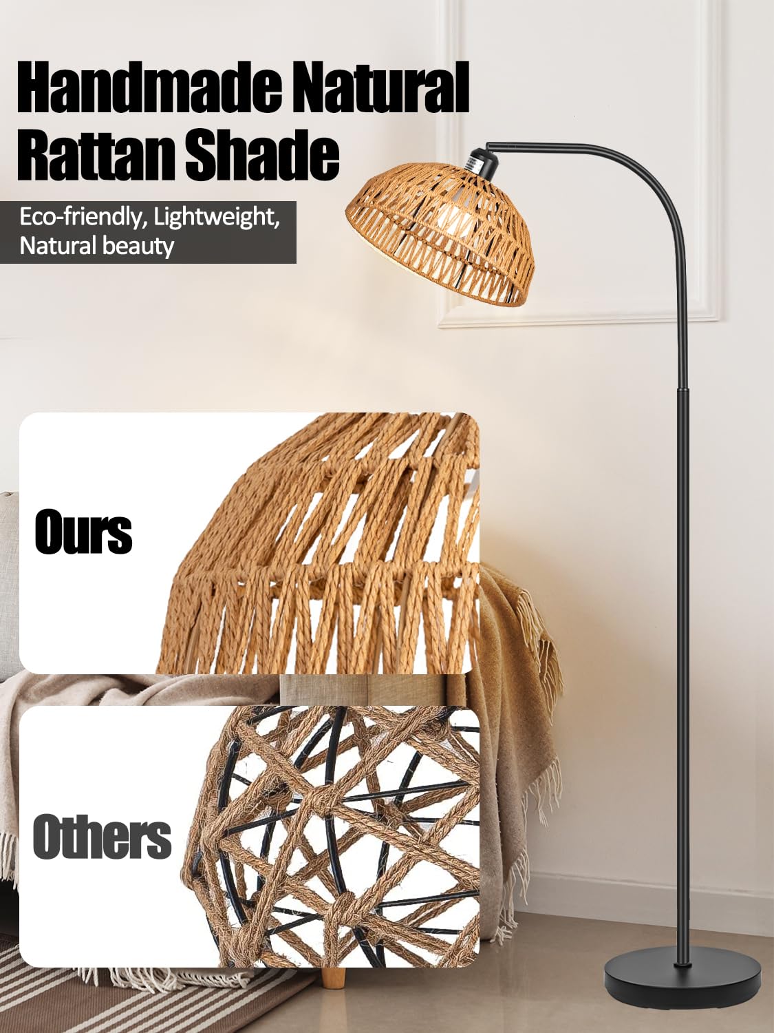 Boho Floor Lamp With Remote- Bronze Floor Lamps With Stepless Dimmable Bulb, Remote Control, Hand-Worked Adjustable Rattan Lamp Shades, Brown Rattan Standing Lamp For Living Room, Bedroom, Office