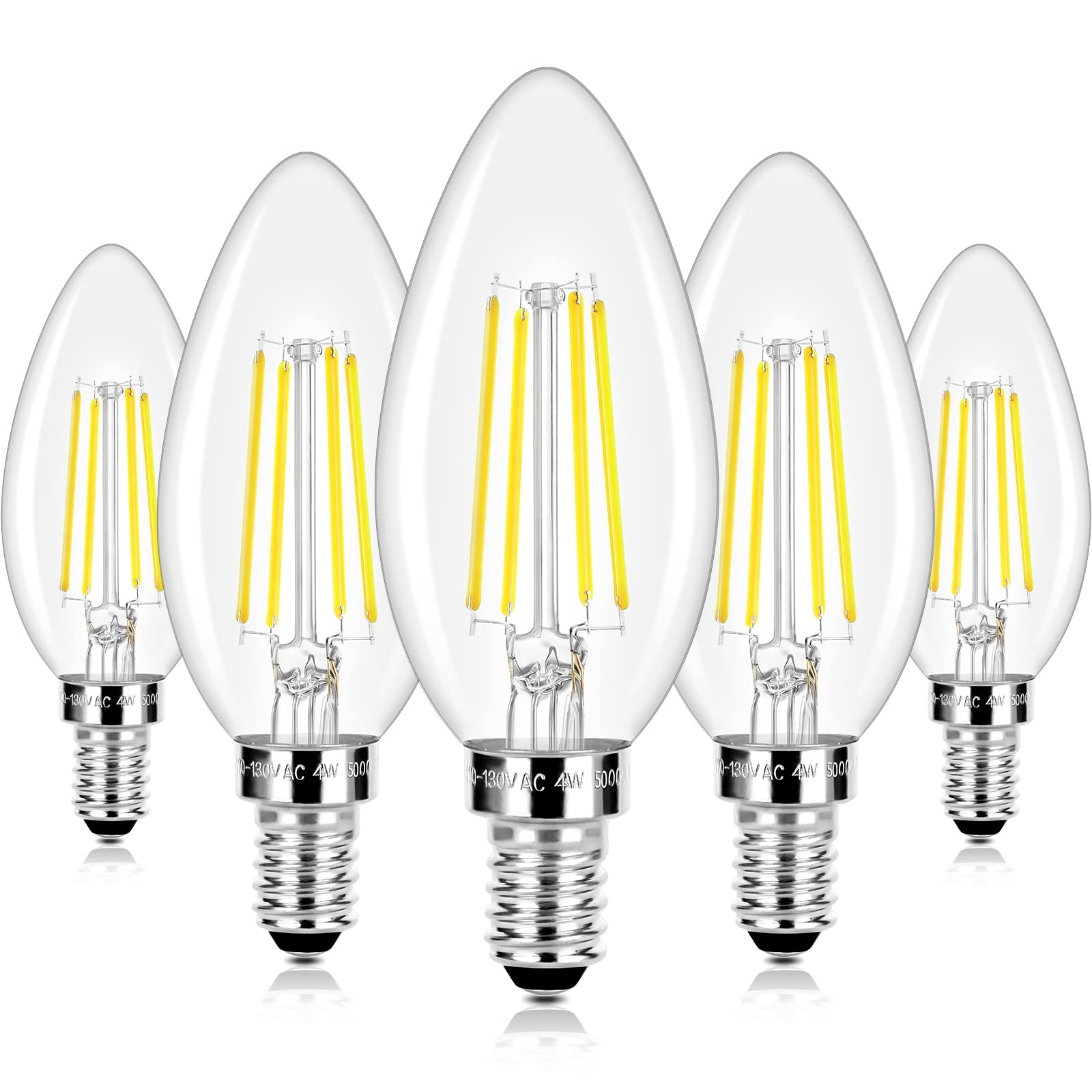 Led Candle Bulbs 40W Equivalent, E12 Candelabra Light Bulbs 4W 470Lm Clear Edison Led Bulbs, Daylight White 5000K Classic Bright Filament Bulbs, Non-Dimmable Decorative Bulbs For Lamps, Pack Of 5