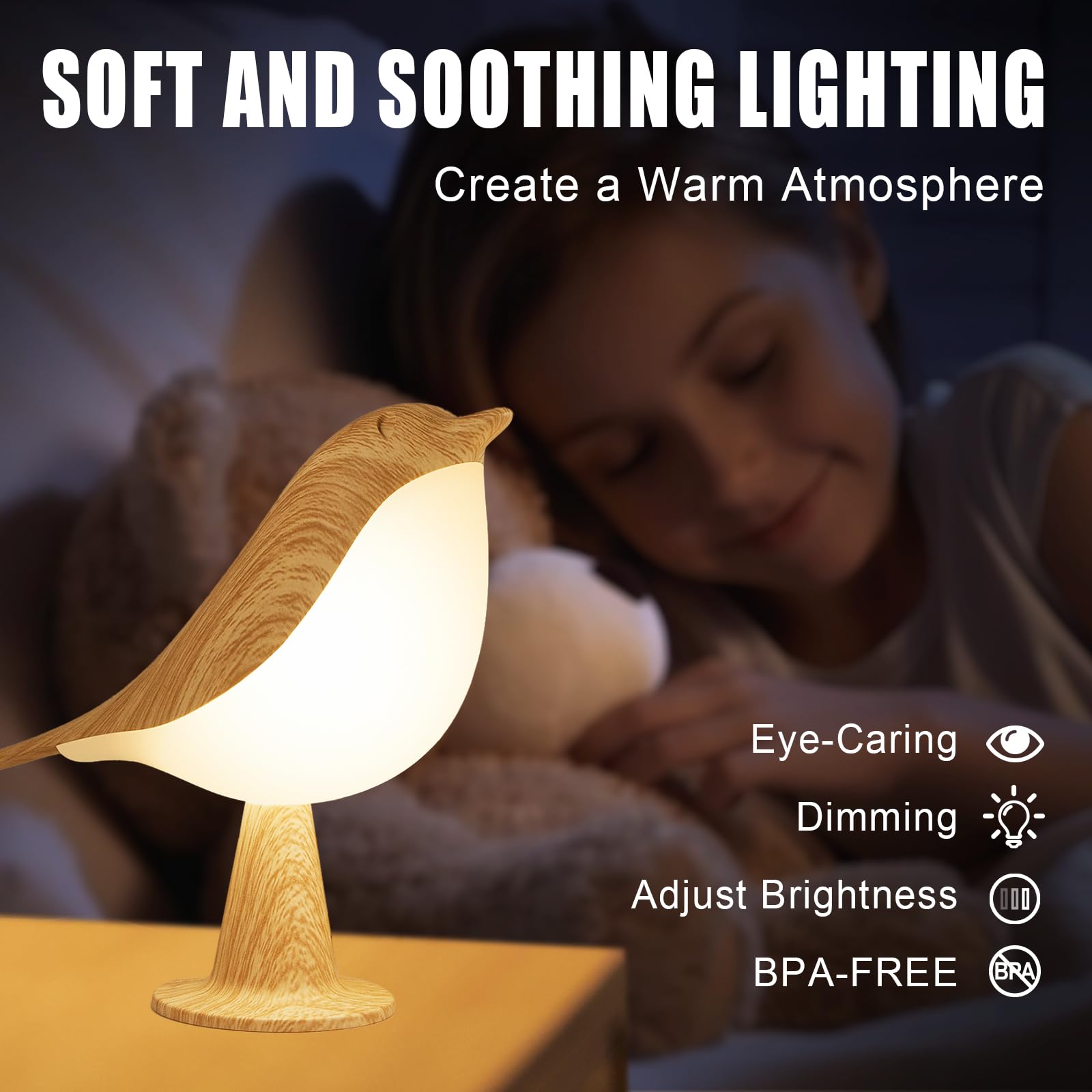 Vquand Small Bird Table Lamp - 2600 Mah Cordless Touch Night Light, 3 Color Rechargeable Bedside Lamp