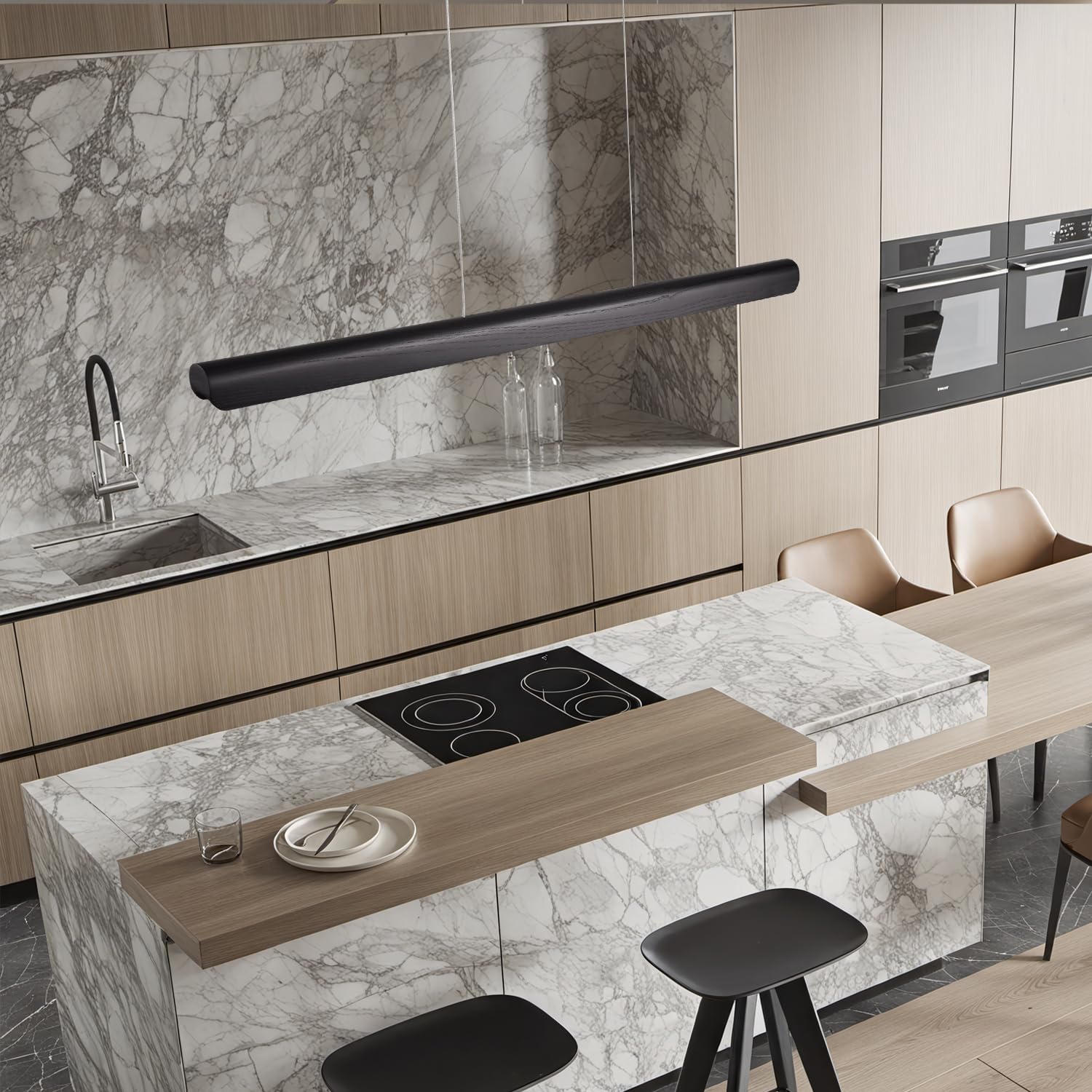 YISDESIGN 39" Dimmable Wood LED Pendant Light, Black Finish, Modern Island Lighting for Kitchen & Dining Room, Model 2260-2025