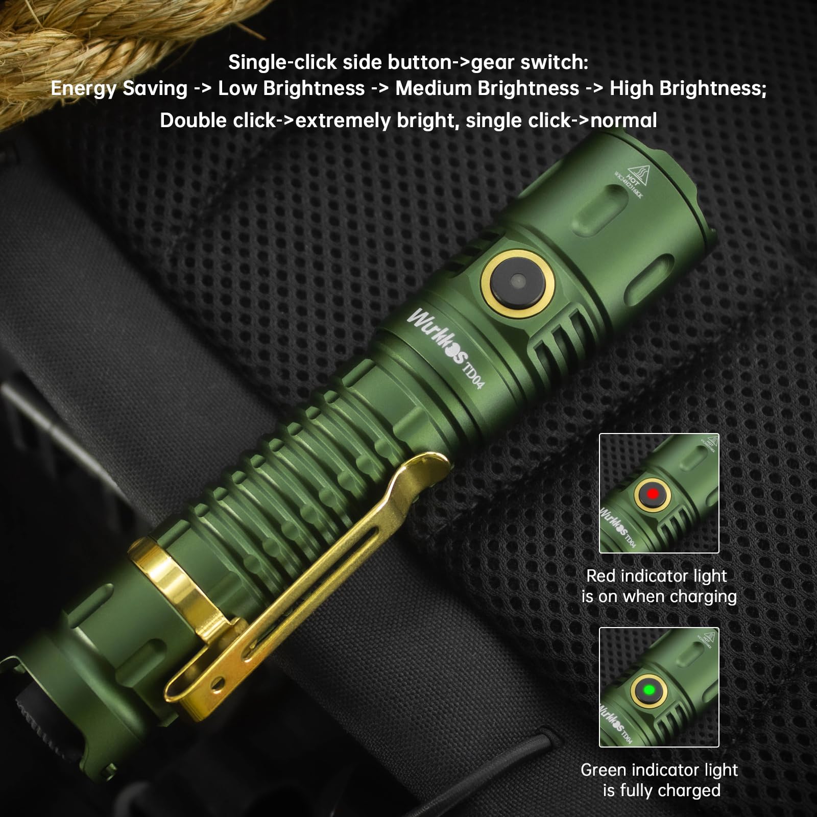 Wurkkos TD04 Tactical Flashlight - 3000 Lumens, Rechargeable, Type C, Green, for Camping & Emergency Use