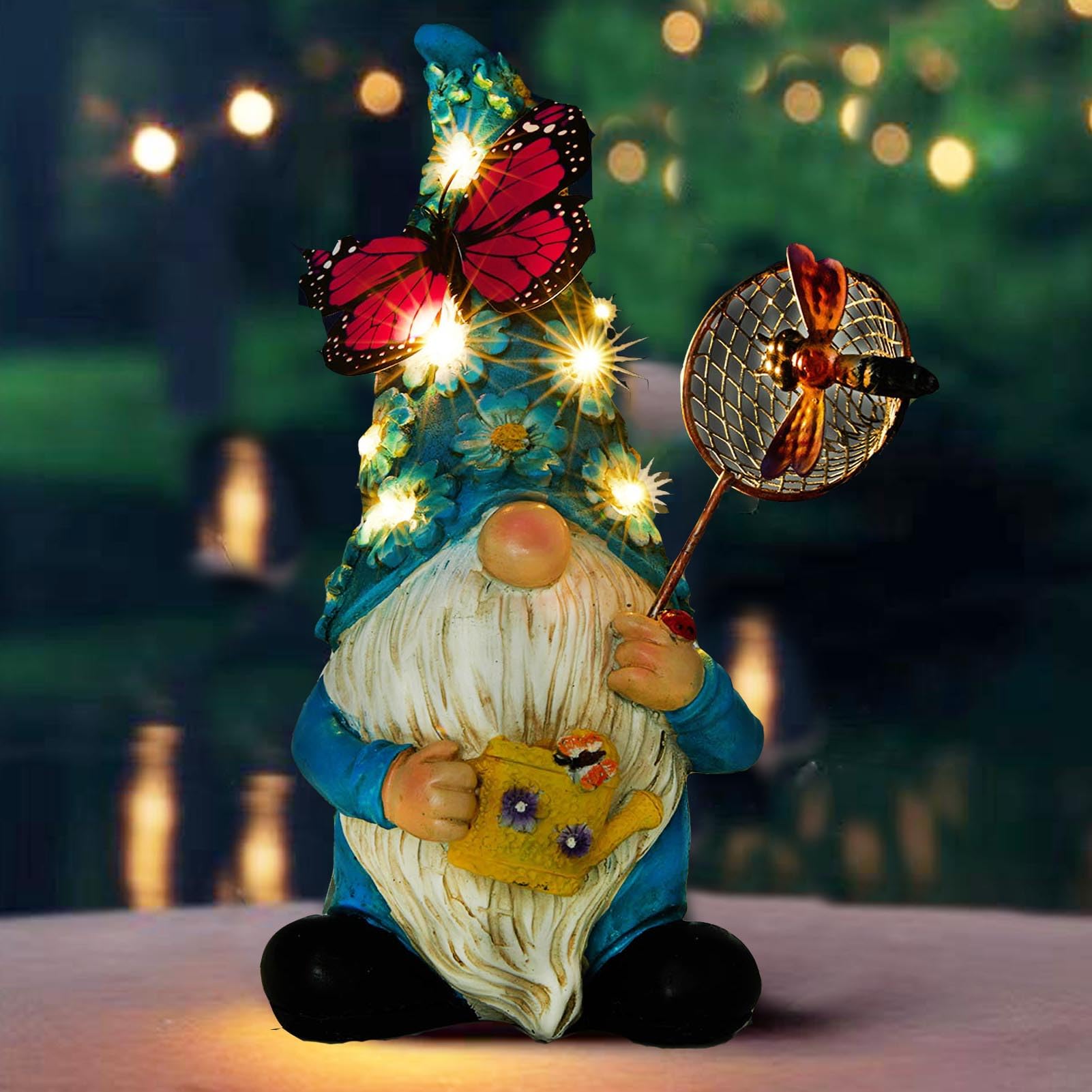 Foreby Garden Gnome Statues Outdoor Decor Solar Gnomes With Butterfly On Led Lighted Flowers, Resin Blue Gnomes Sculpture For Pa