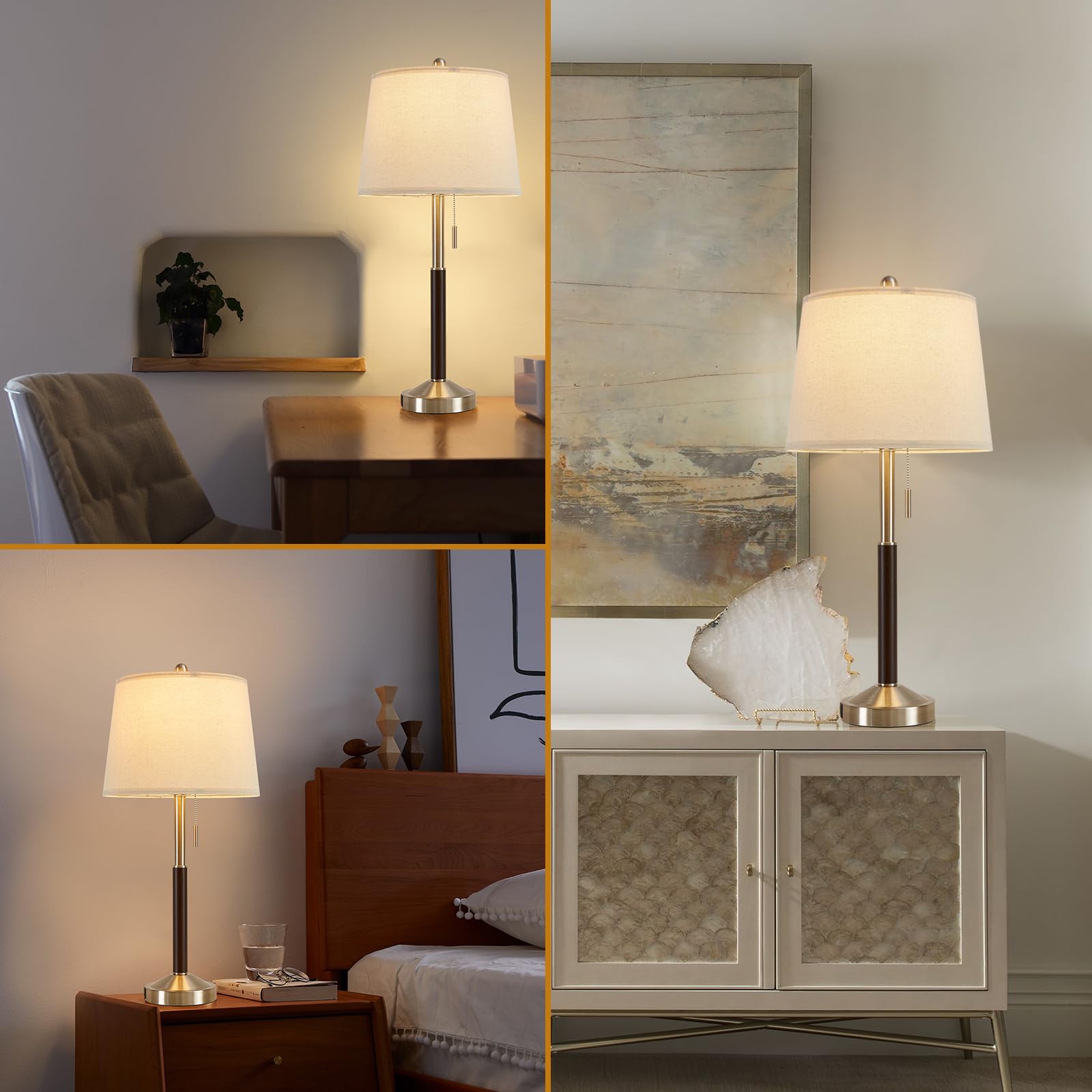 YAMEIWAN 28" Silver Bedside Lamps Set of 2 - Modern USB Charging, 3-Way Dimmable with Pull Chain Switch - Model S28-CHAIN